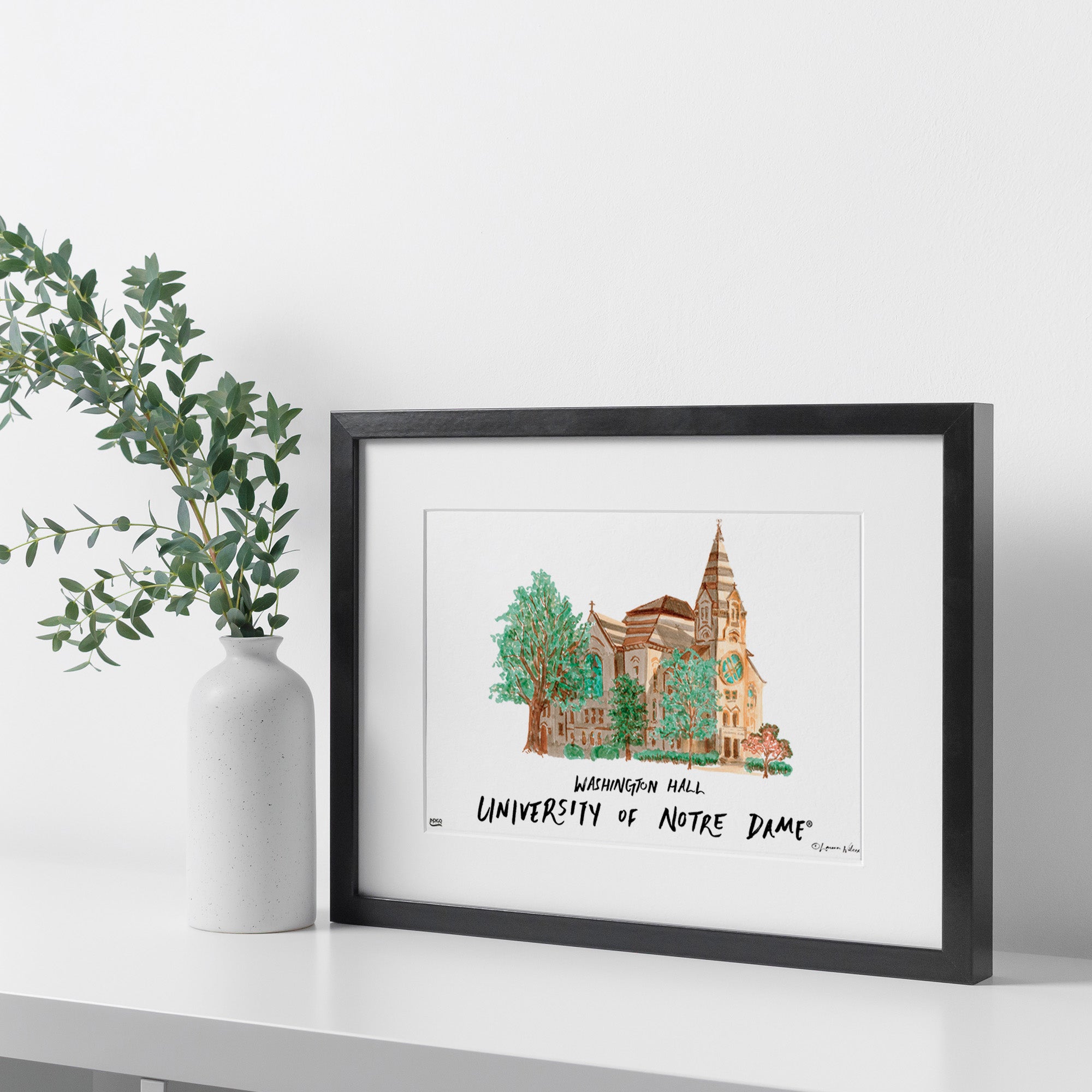 Notre Dame Washington Hall, Framed Watercolor Wall Art 11" x 14" by Laura Wilcox