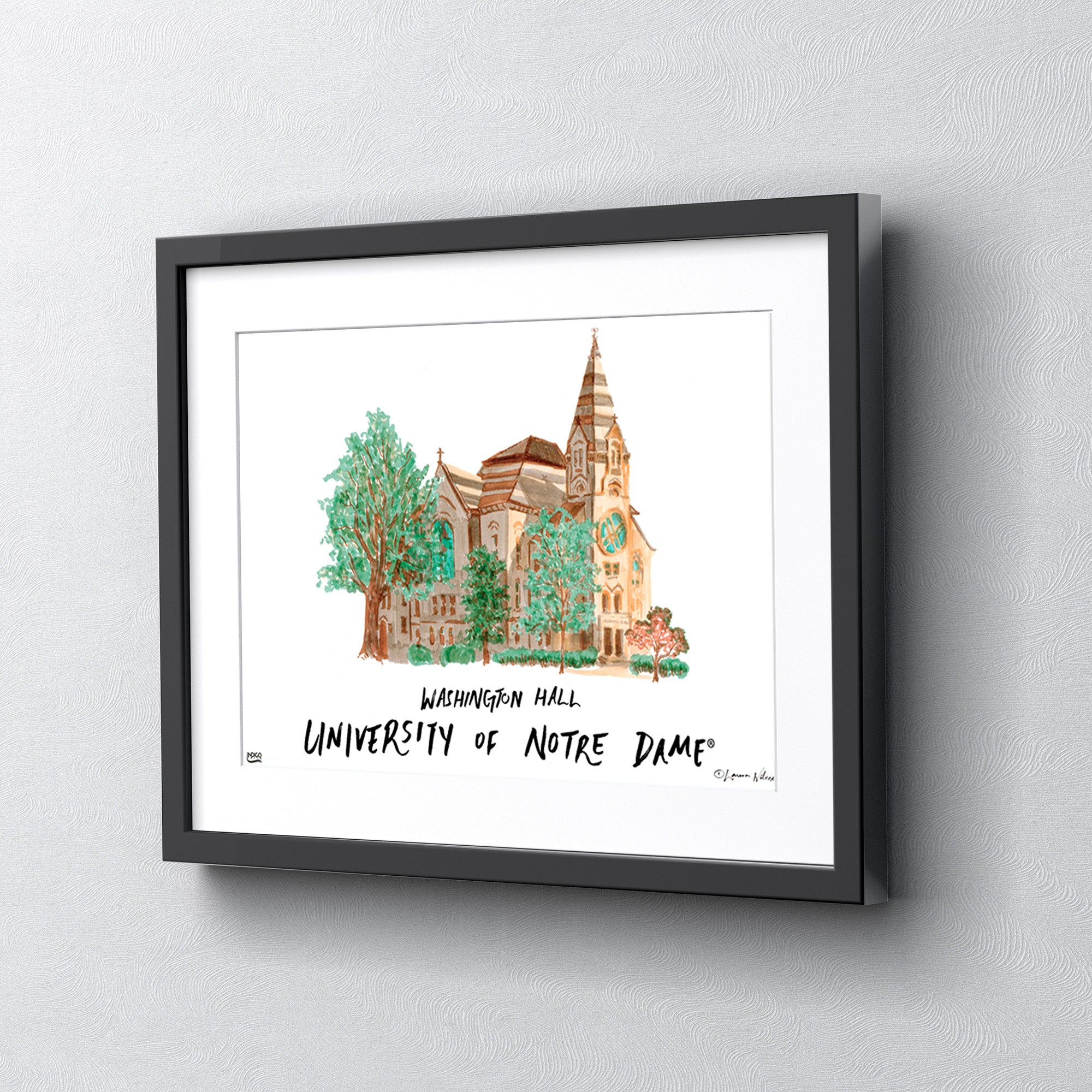 Notre Dame Washington Hall, Framed Watercolor Wall Art 11" x 14" by Laura Wilcox