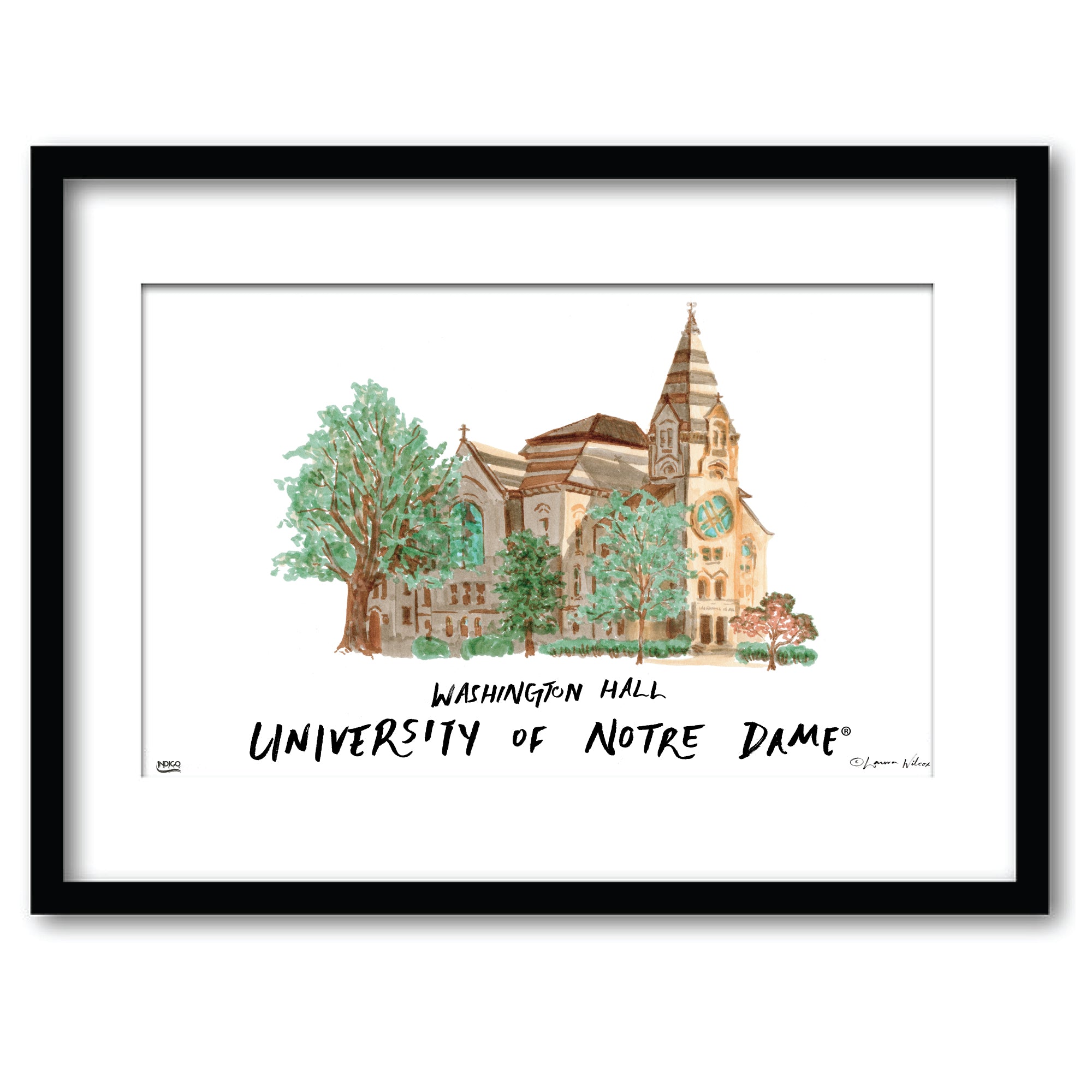 Notre Dame Washington Hall, Framed Watercolor Wall Art 11" x 14" by Laura Wilcox