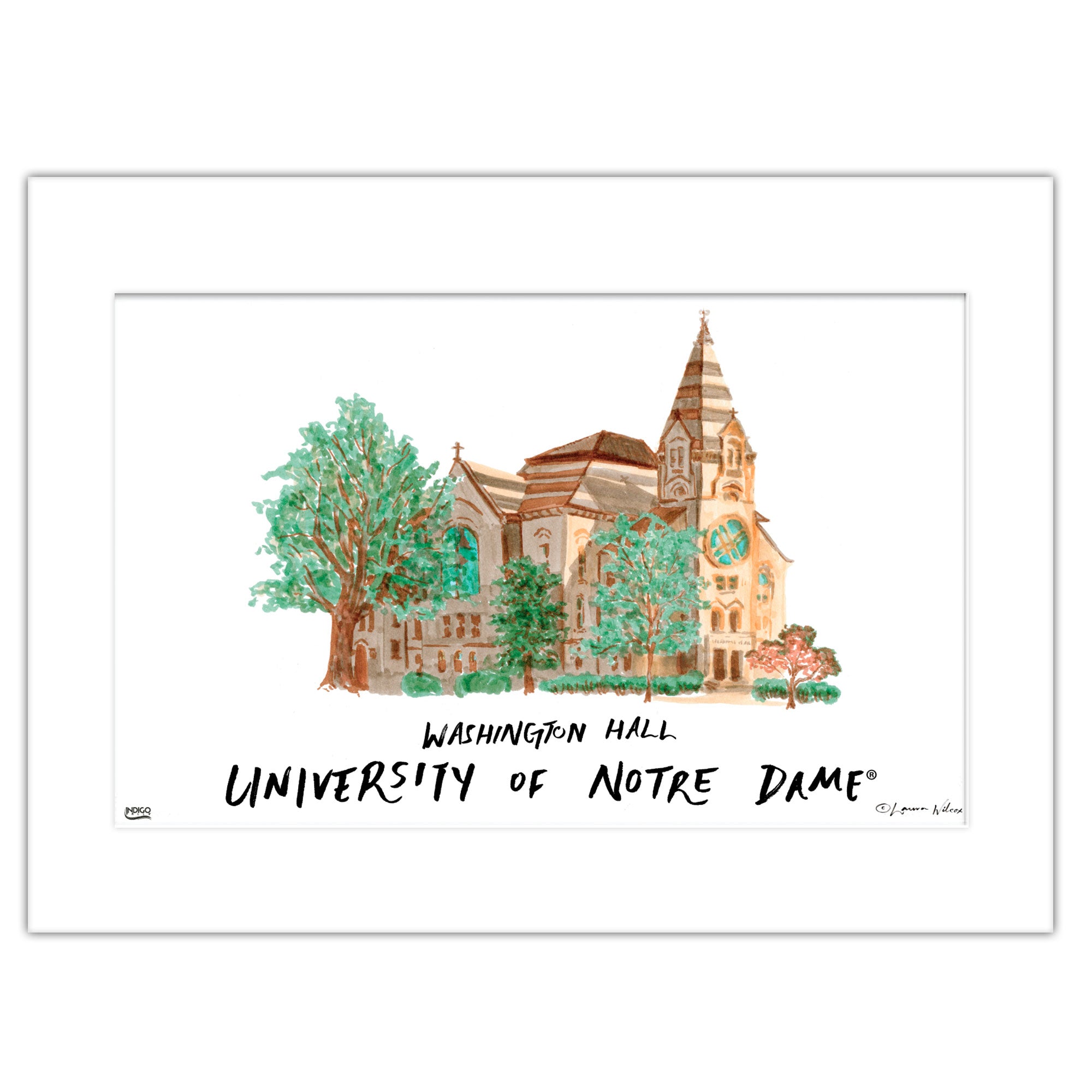 Notre Dame Washington Hall, Matted Watercolor Wall Art 16" x 20" by Laura Wilcox