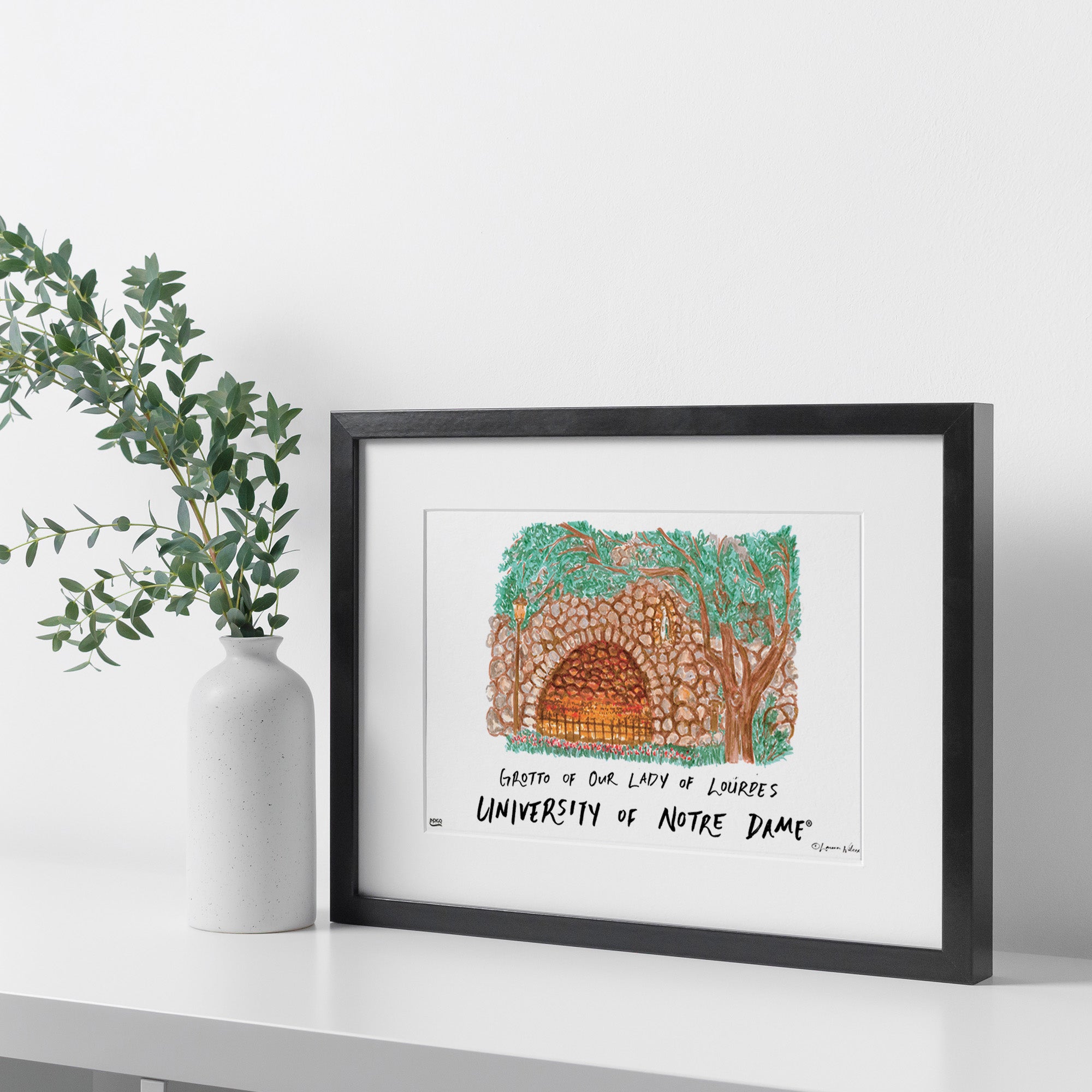 Notre Dame Grotto of Our Lady of Lourdes, Framed Watercolor Wall Art 16" x 20" by Laura Wilcox