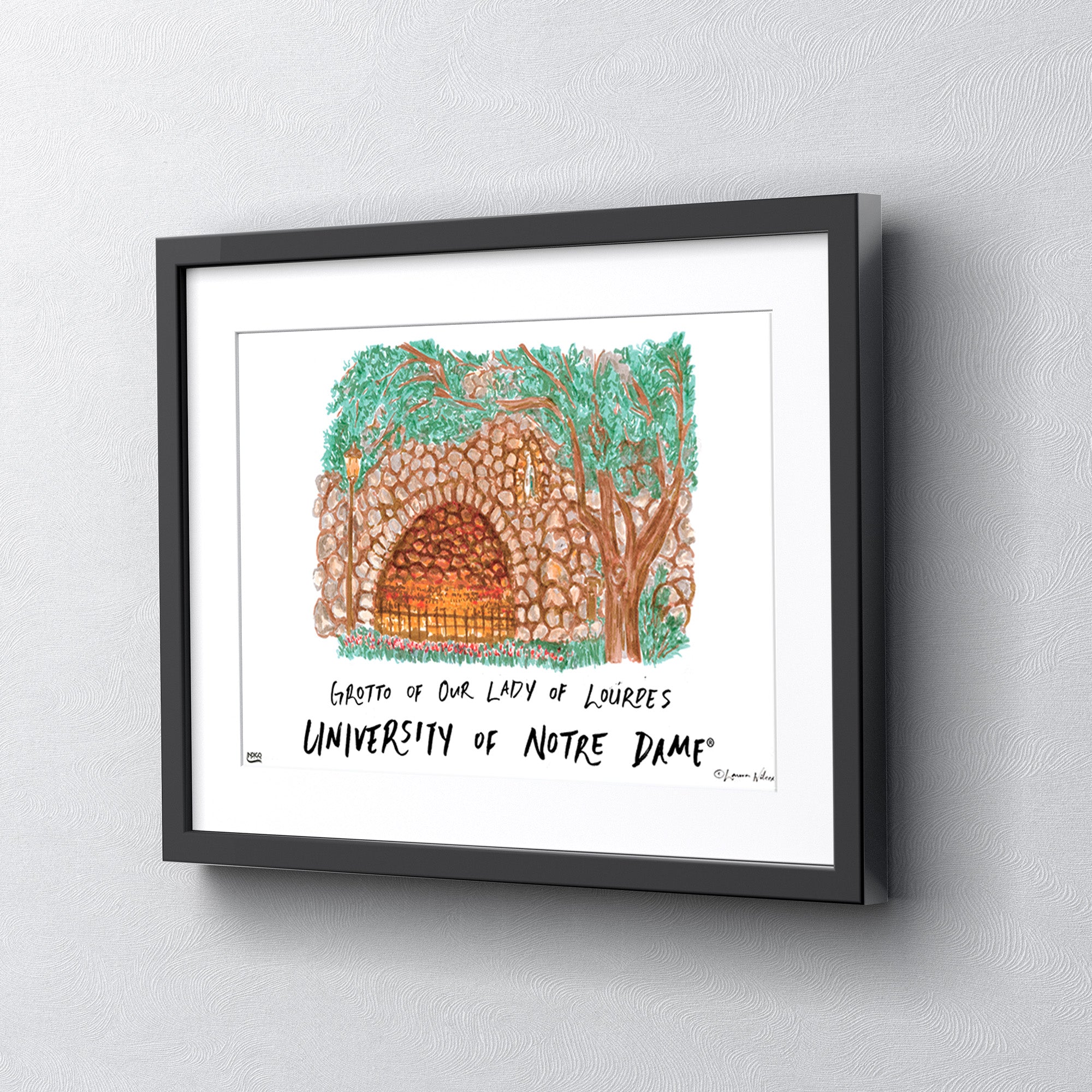 Notre Dame Grotto of Our Lady of Lourdes, Framed Watercolor Wall Art 16" x 20" by Laura Wilcox