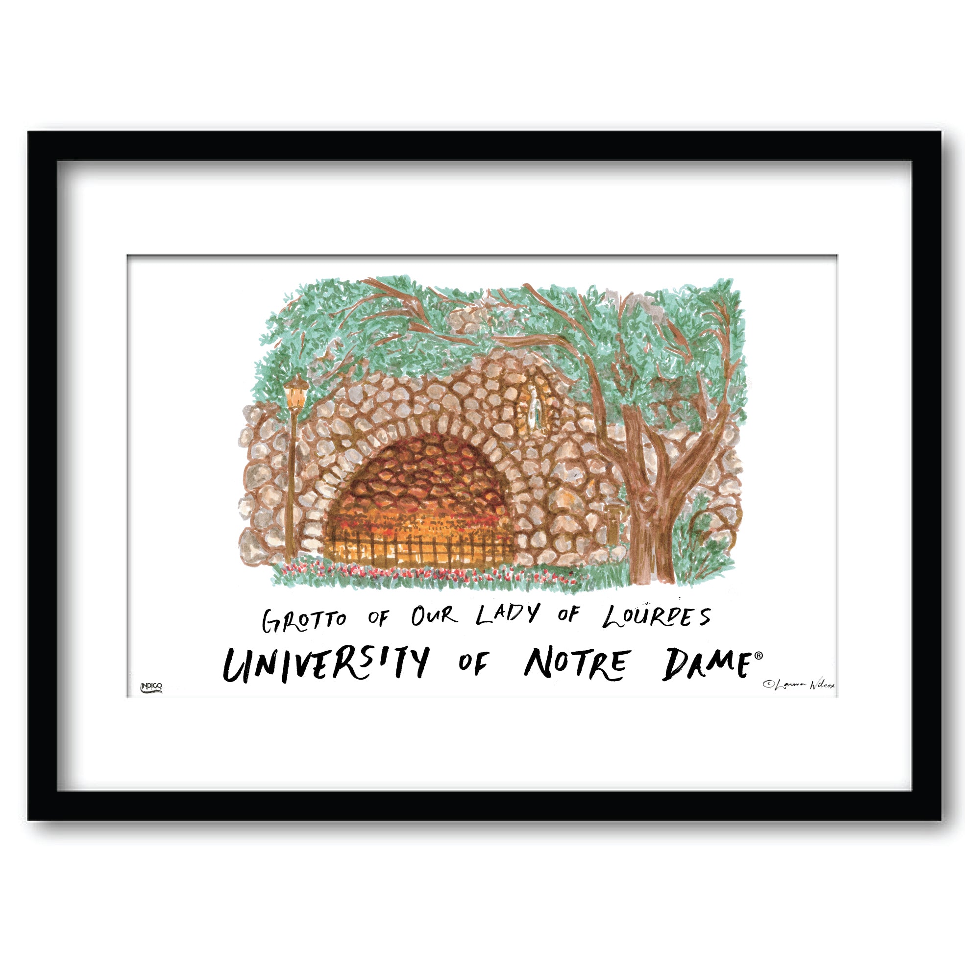 Notre Dame Grotto of Our Lady of Lourdes, Framed Watercolor Wall Art 16" x 20" by Laura Wilcox