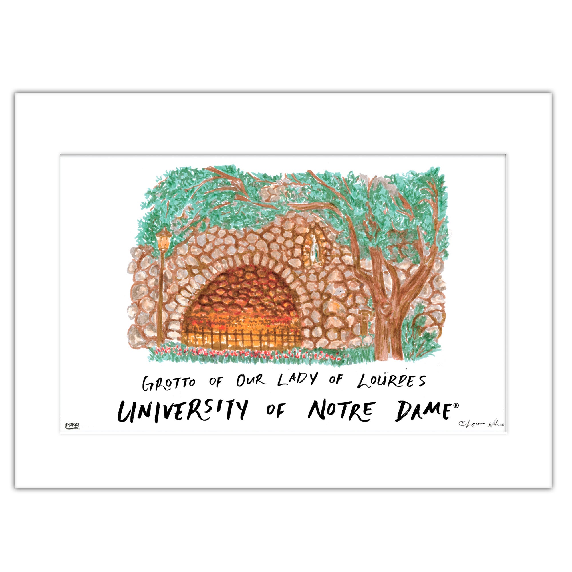 Notre Dame Grotto of Our Lady of Lourdes, Matted Watercolor Wall Art 11" x 14" by Laura Wilcox