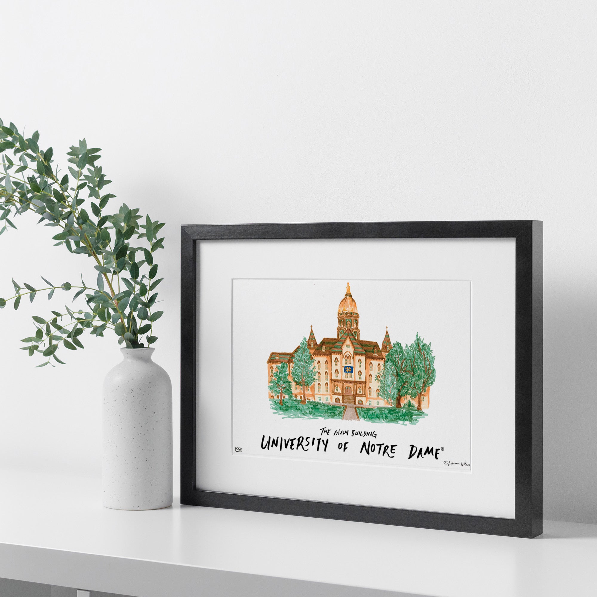 Notre Dame The Main Building, Framed Watercolor Wall Art 16" x 20" by Laura Wilcox