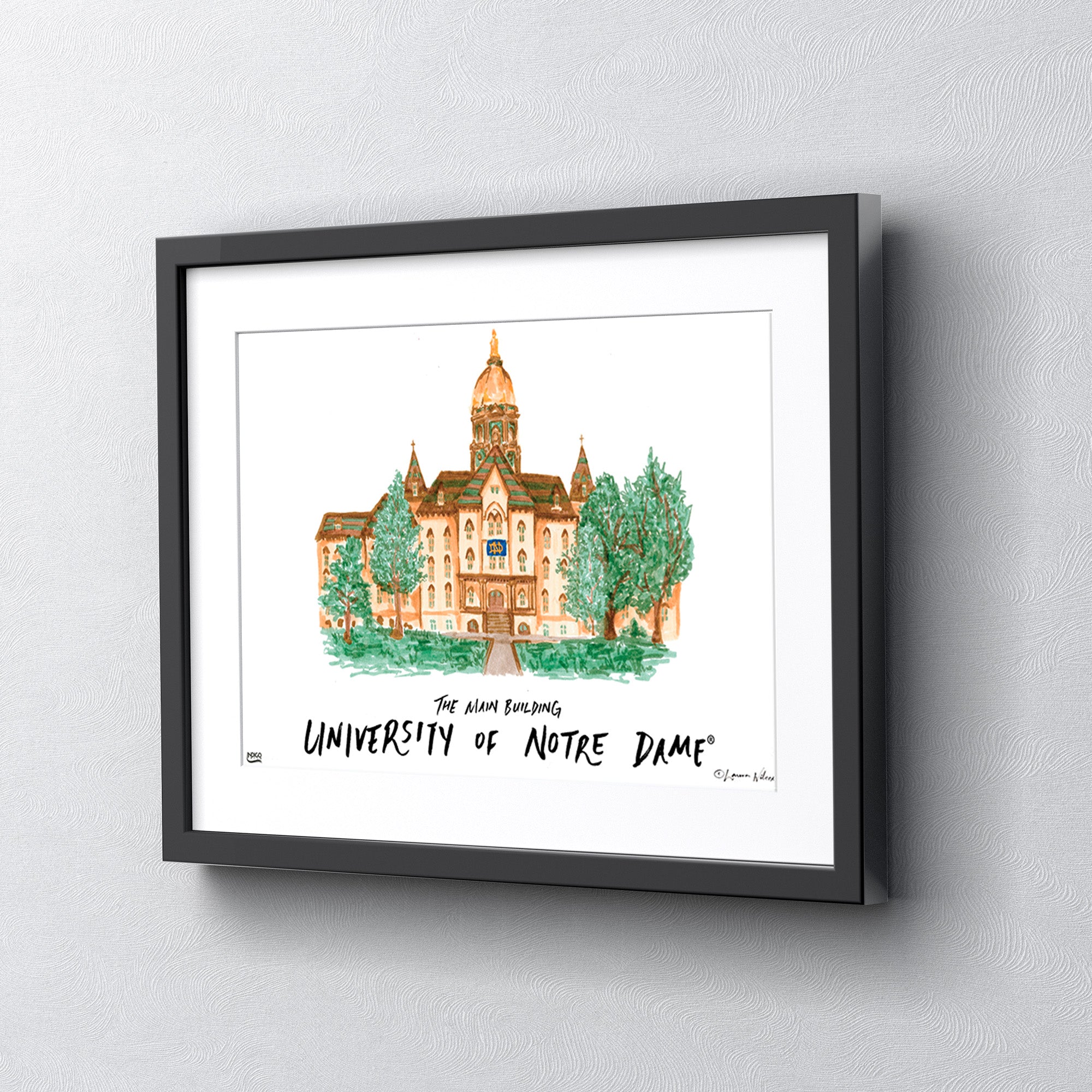 Notre Dame The Main Building, Framed Watercolor Wall Art 16" x 20" by Laura Wilcox
