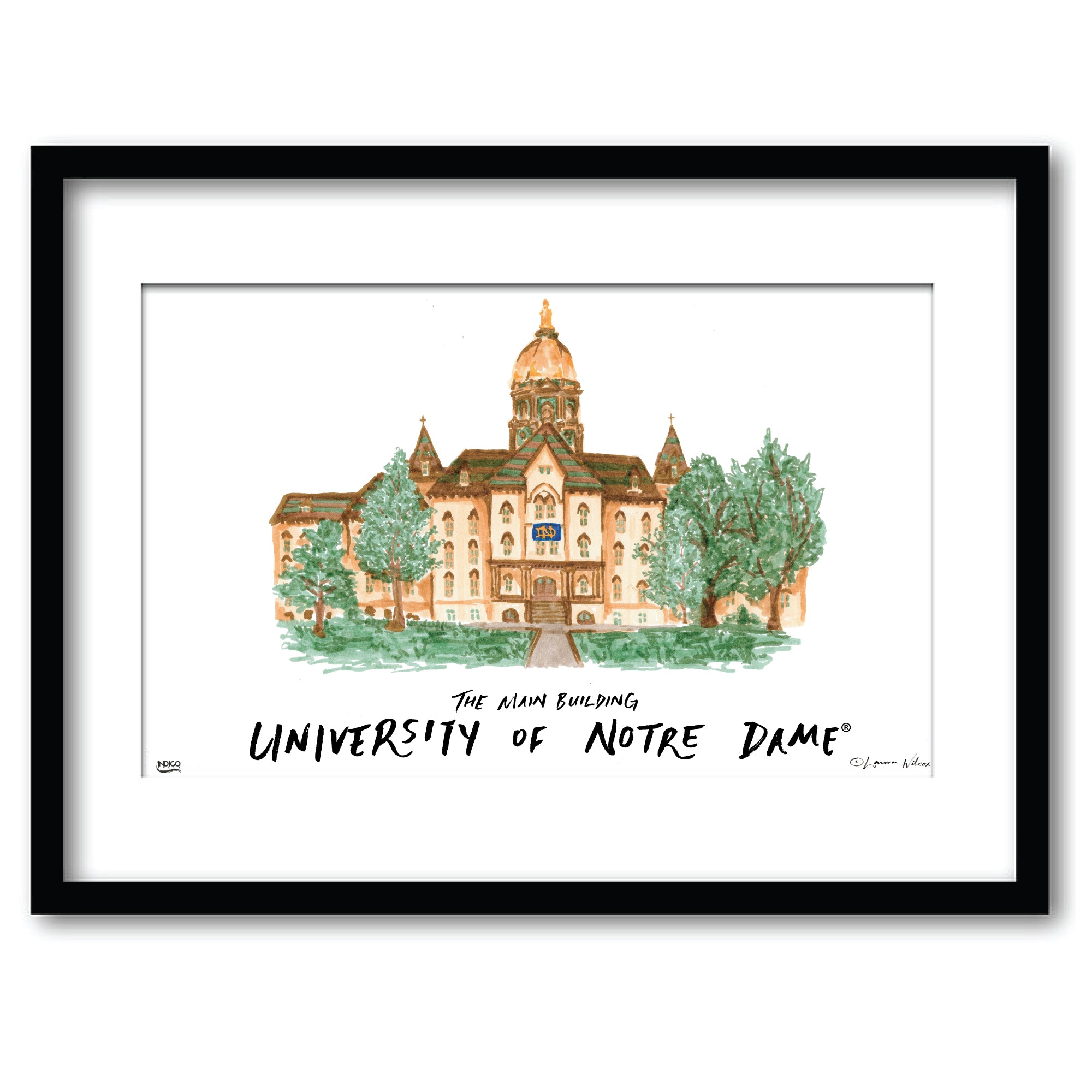 Notre Dame The Main Building, Framed Watercolor Wall Art 16" x 20" by Laura Wilcox