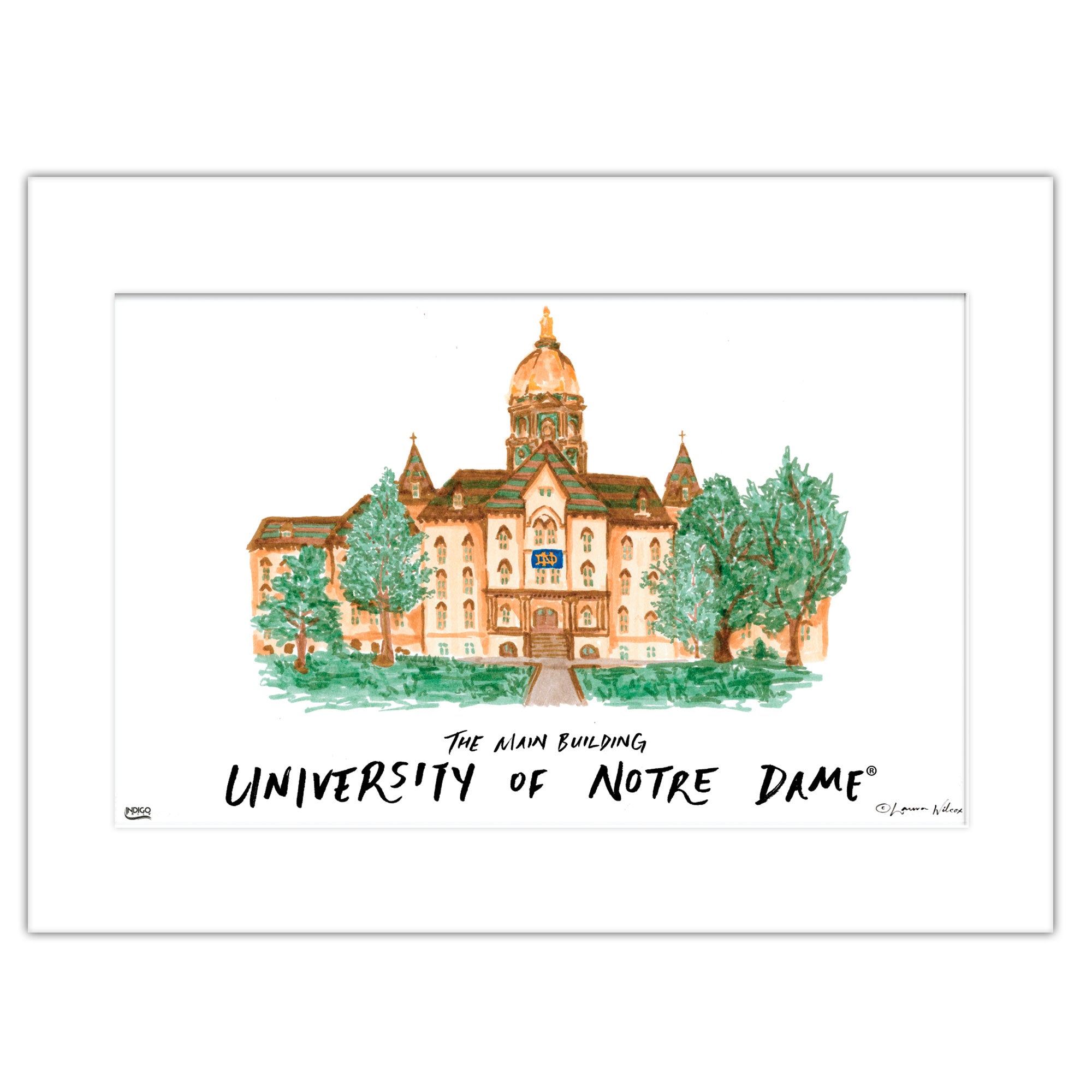 Notre Dame The Main Building, Matted Watercolor Wall Art 16" x 20" by Laura Wilcox