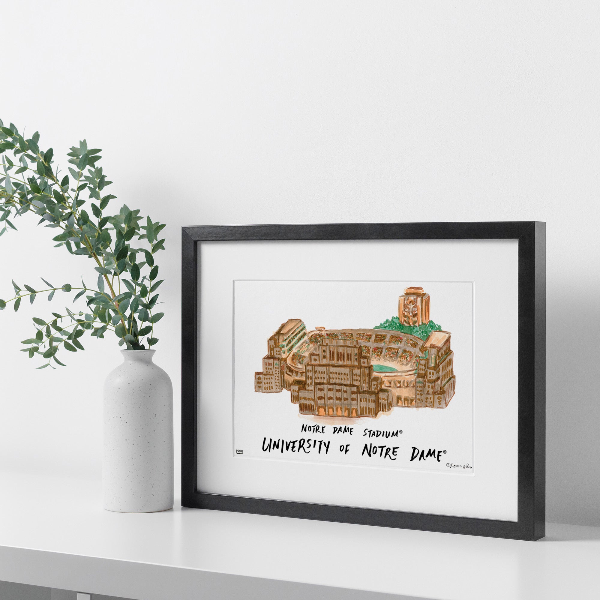 Notre Dame Stadium, Framed Watercolor Wall Art 16" x 20" by Laura Wilcox