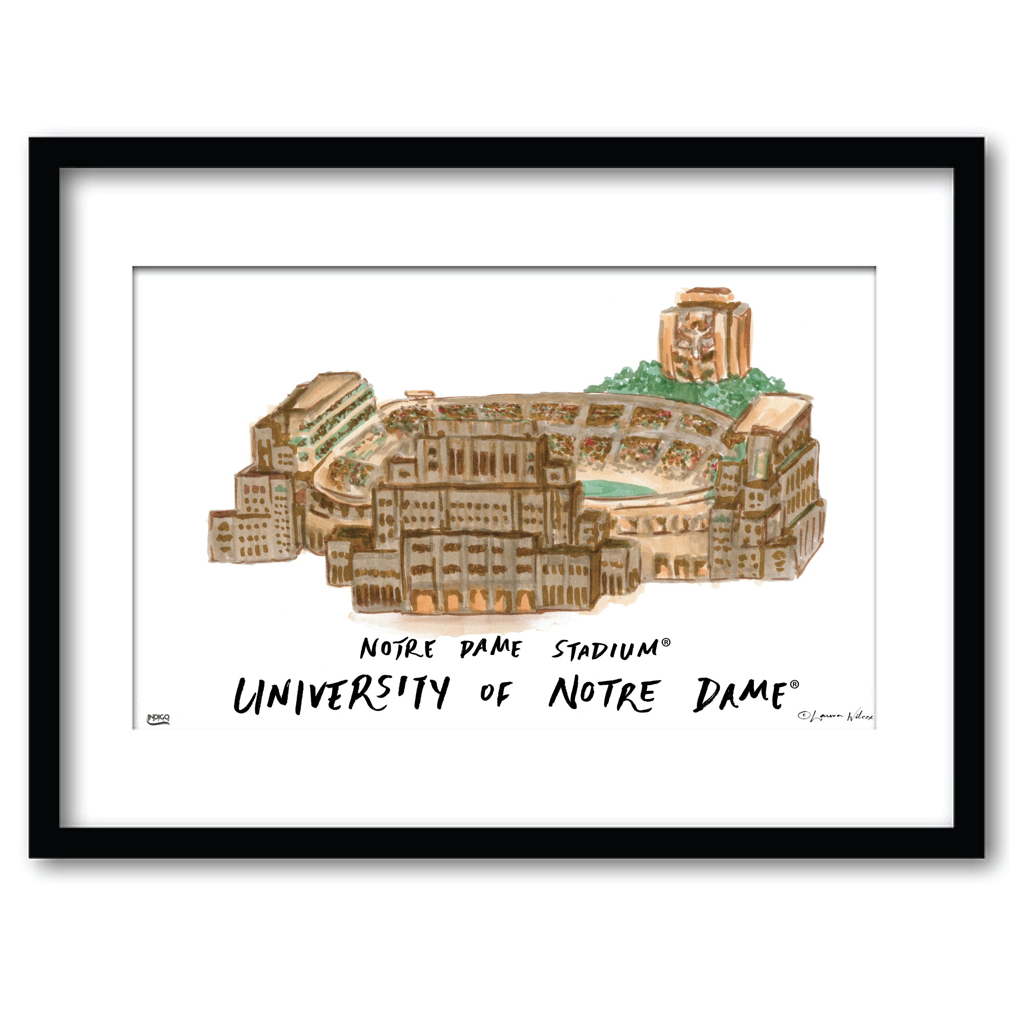 Notre Dame Stadium, Framed Watercolor Wall Art 16" x 20" by Laura Wilcox