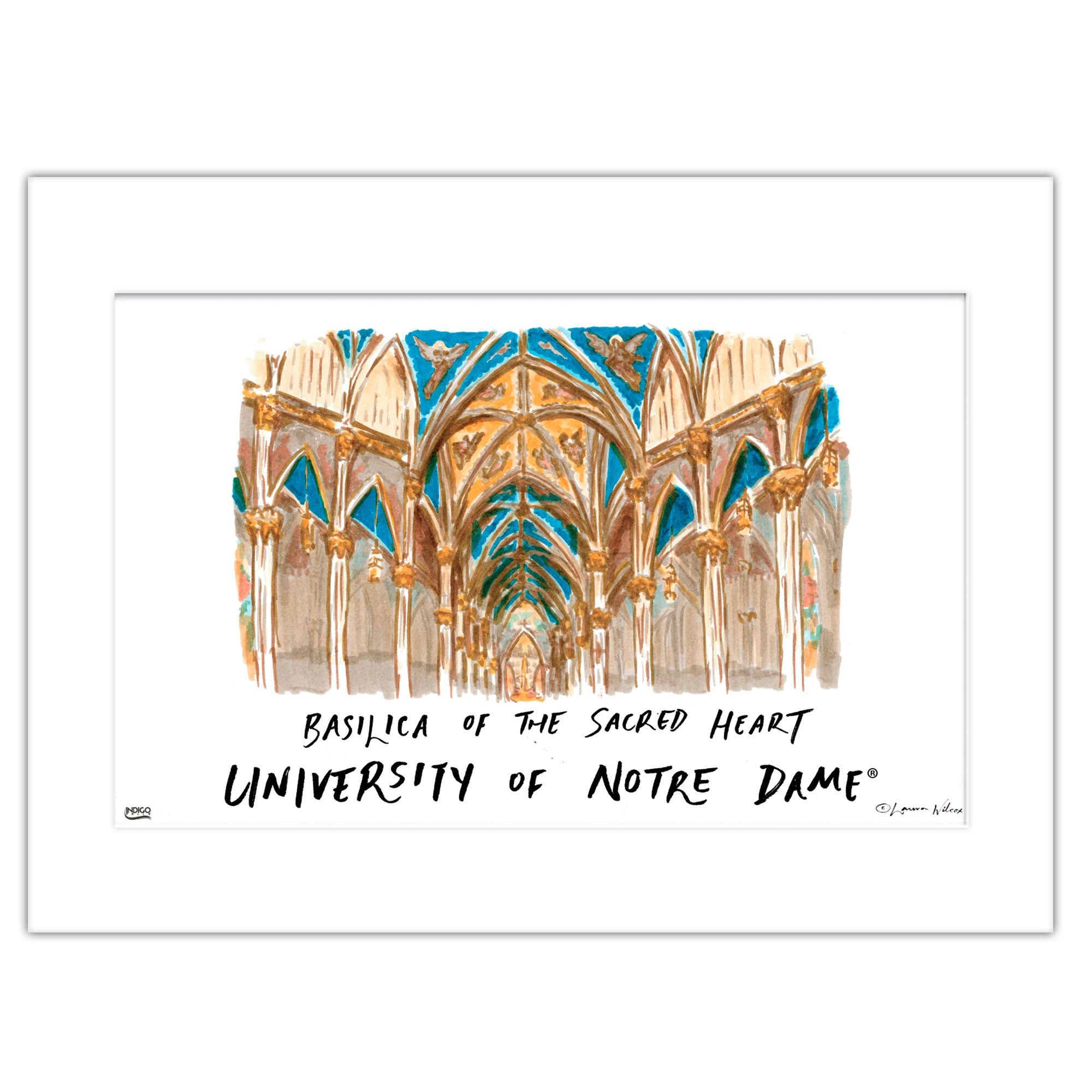Notre Dame Basilica of the Sacred Heart, Matted Watercolor Wall Art 11" x 14" by Laura Wilcox