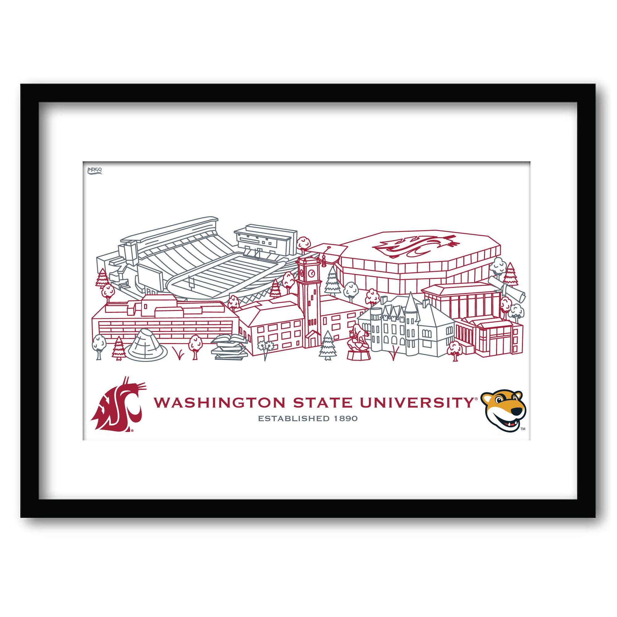 Washington State Cougars Framed Campus Line Wall Art 11" x 14"