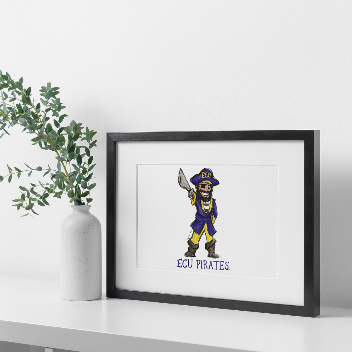 East Carolina Pirates Mascot by Laura Wilcox, Framed Watercolor Wall Art 16" x 20"