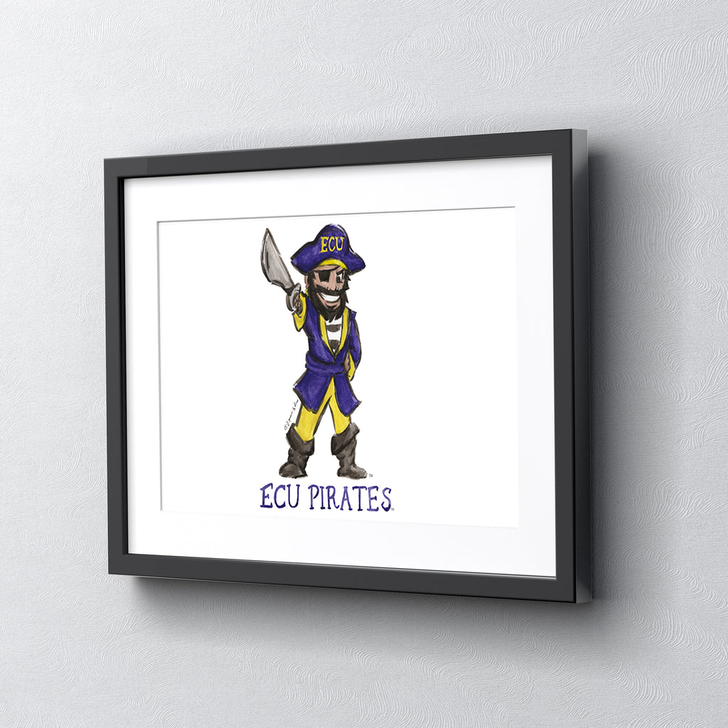 East Carolina Pirates Mascot by Laura Wilcox, Framed Watercolor Wall Art 16" x 20"