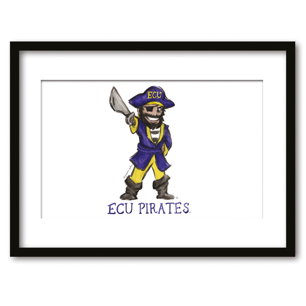 East Carolina Pirates Mascot by Laura Wilcox, Framed Watercolor Wall Art 16" x 20"