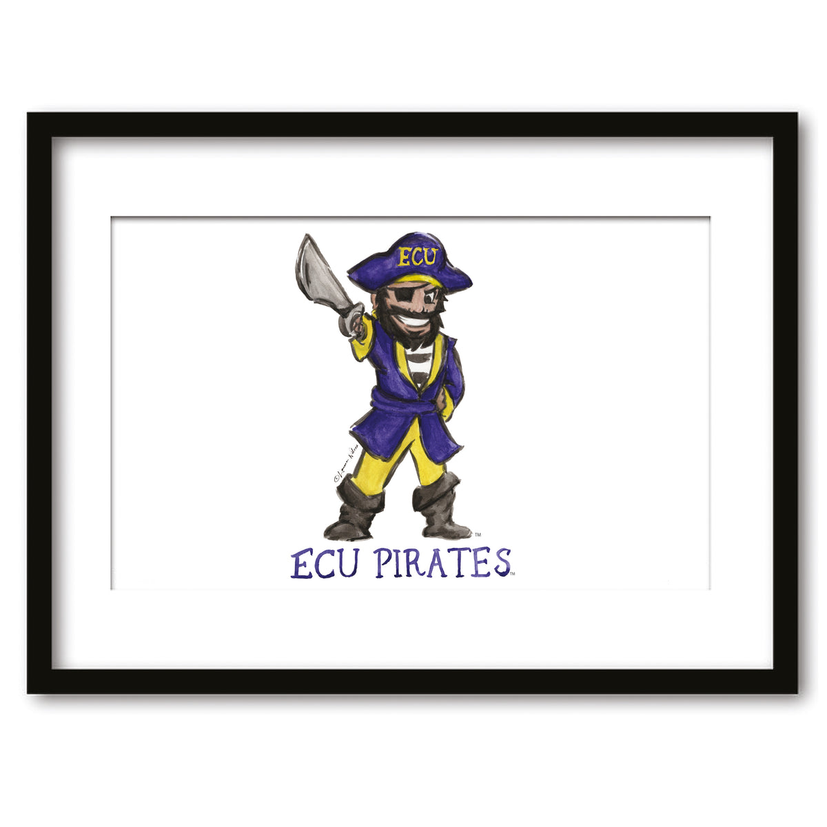 East Carolina Pirates Mascot by Laura Wilcox, Framed Watercolor Wall Art 16" x 20"