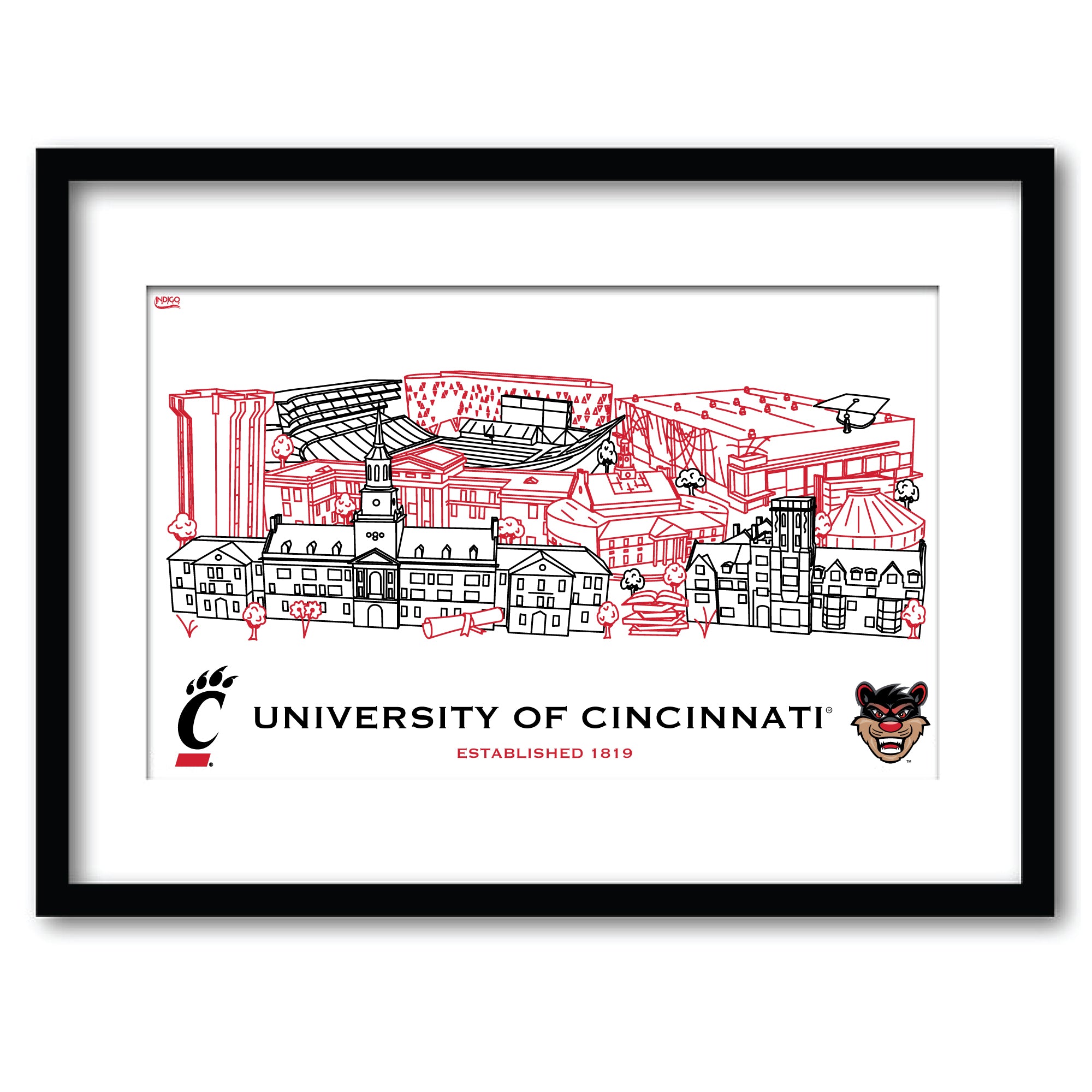 Cincinnati Bearcats Framed Campus Line Wall Art 11" x 14"
