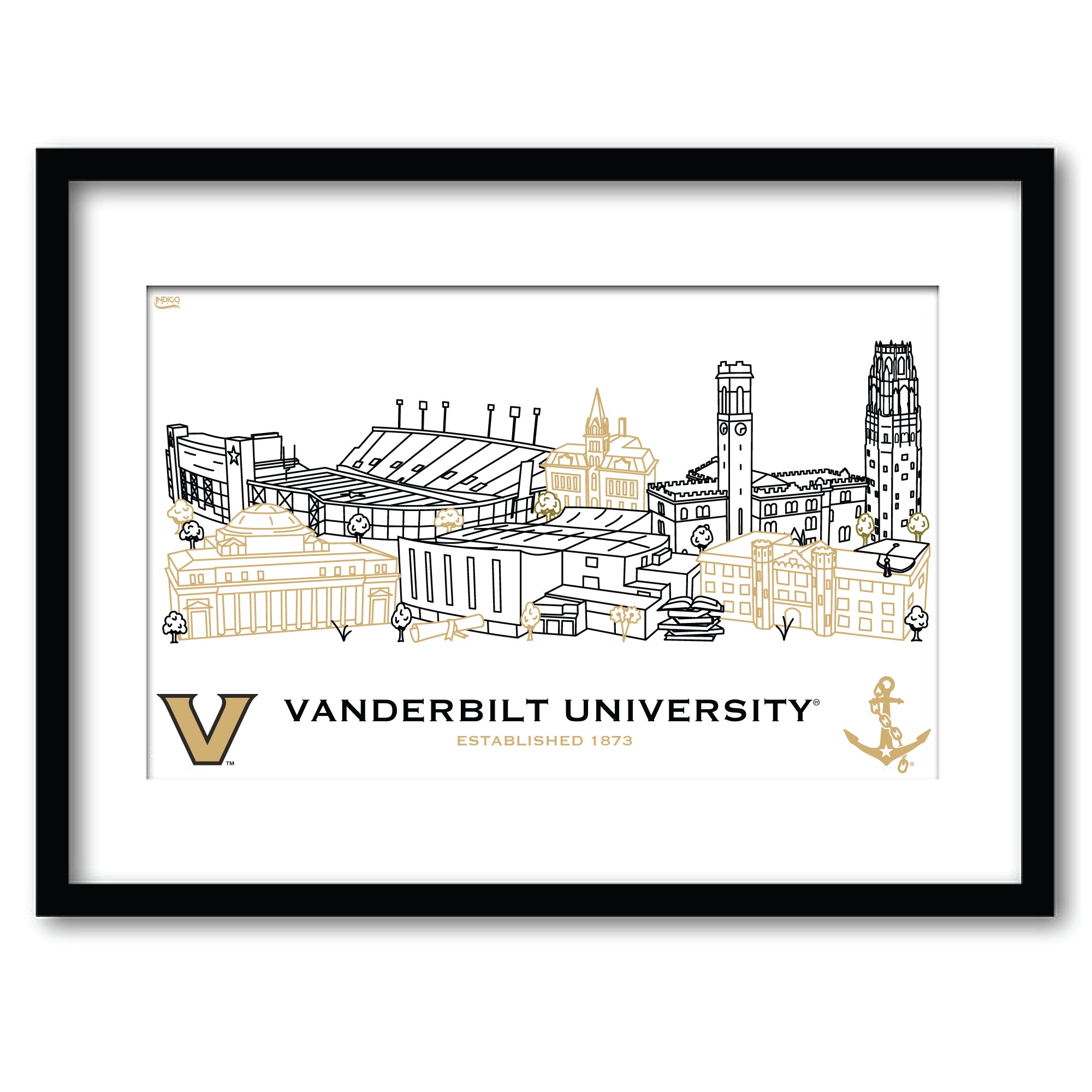 Vanderbilt Commodores Framed Campus Line Wall Art 11" x 14"