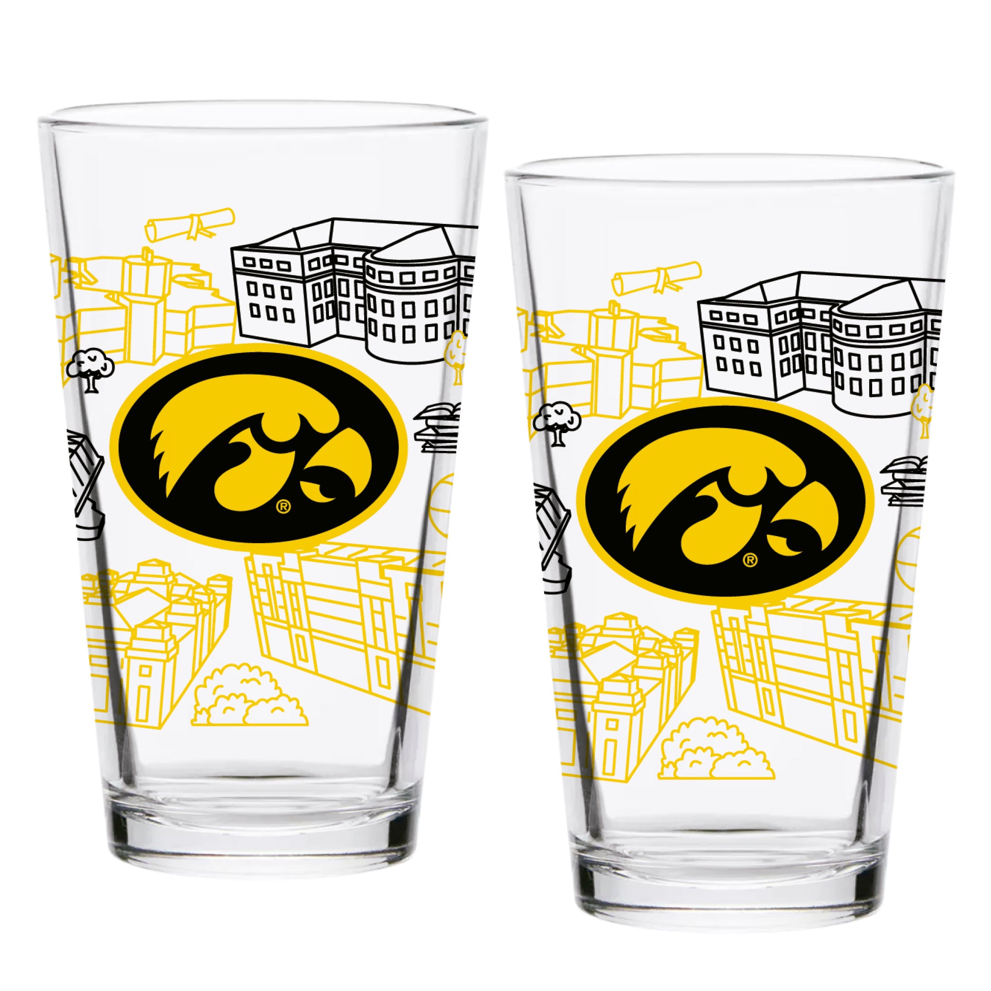 Set of 2 Iowa Hawkeyes Campus Line Art 16oz Pints