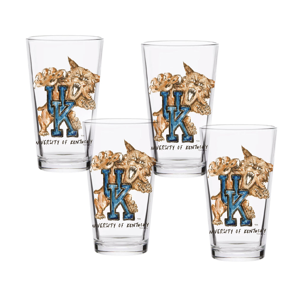 Set of 4 Kentucky Wildcats Mascot by Laura Wilcox 16oz Pint Glasses