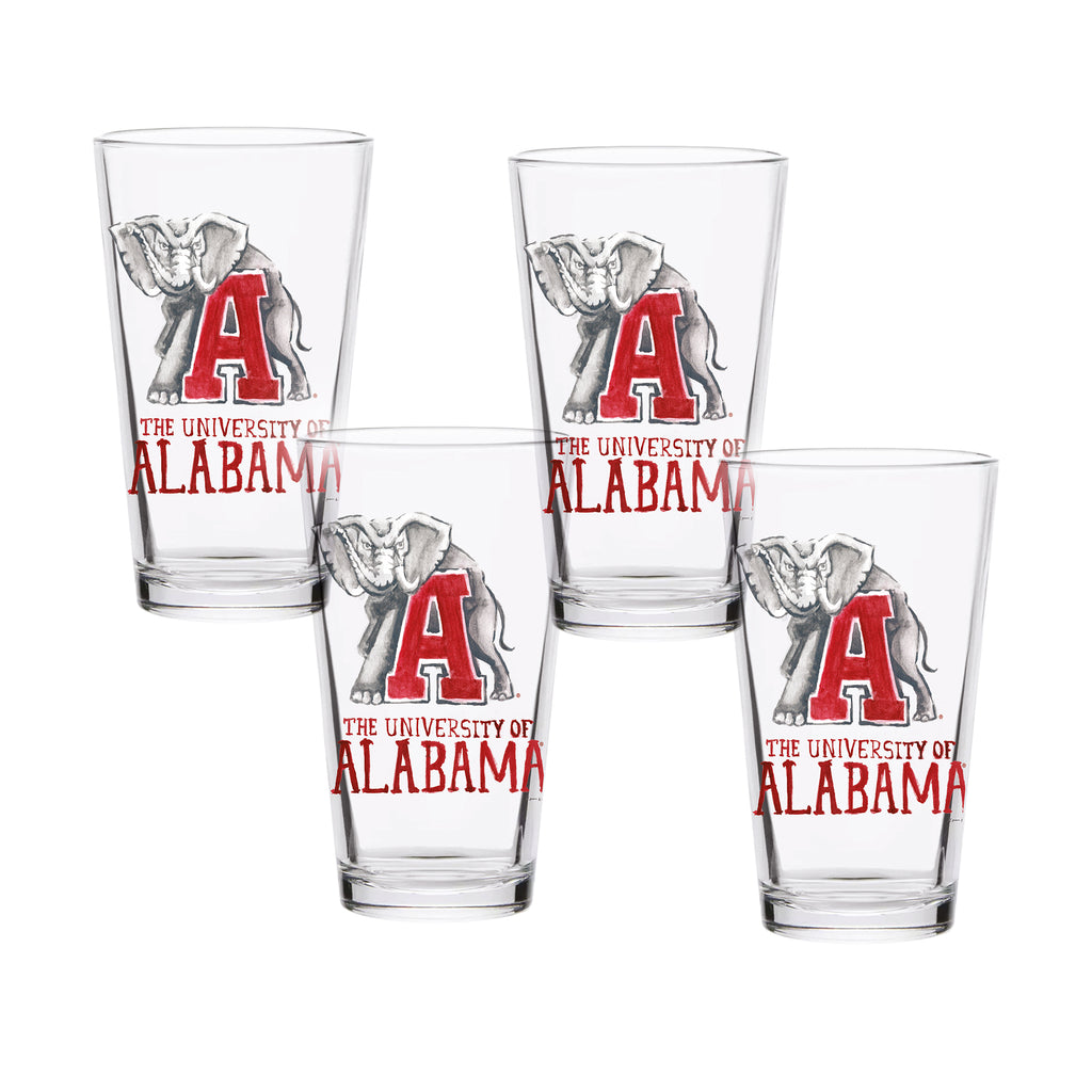 Set of 4 Alabama Crimson Tide Mascot by Laura Wilcox 16oz Pint Glasses