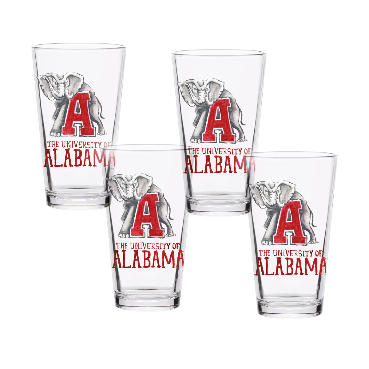 Set of 4 Alabama Crimson Tide Mascot by Laura Wilcox 16oz Pint Glasses