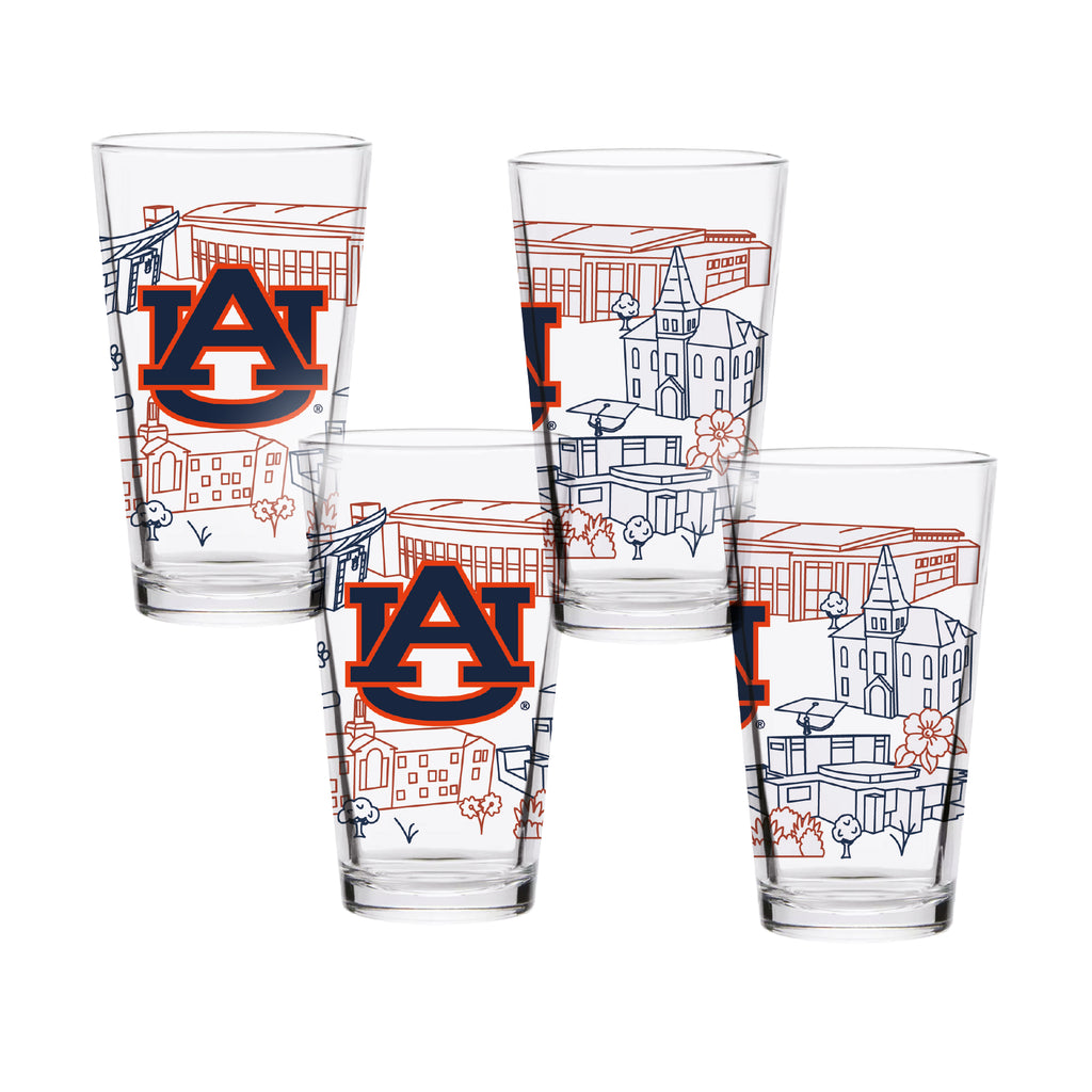 Set of 4 Auburn Tigers Campus Line Art 16oz Pints