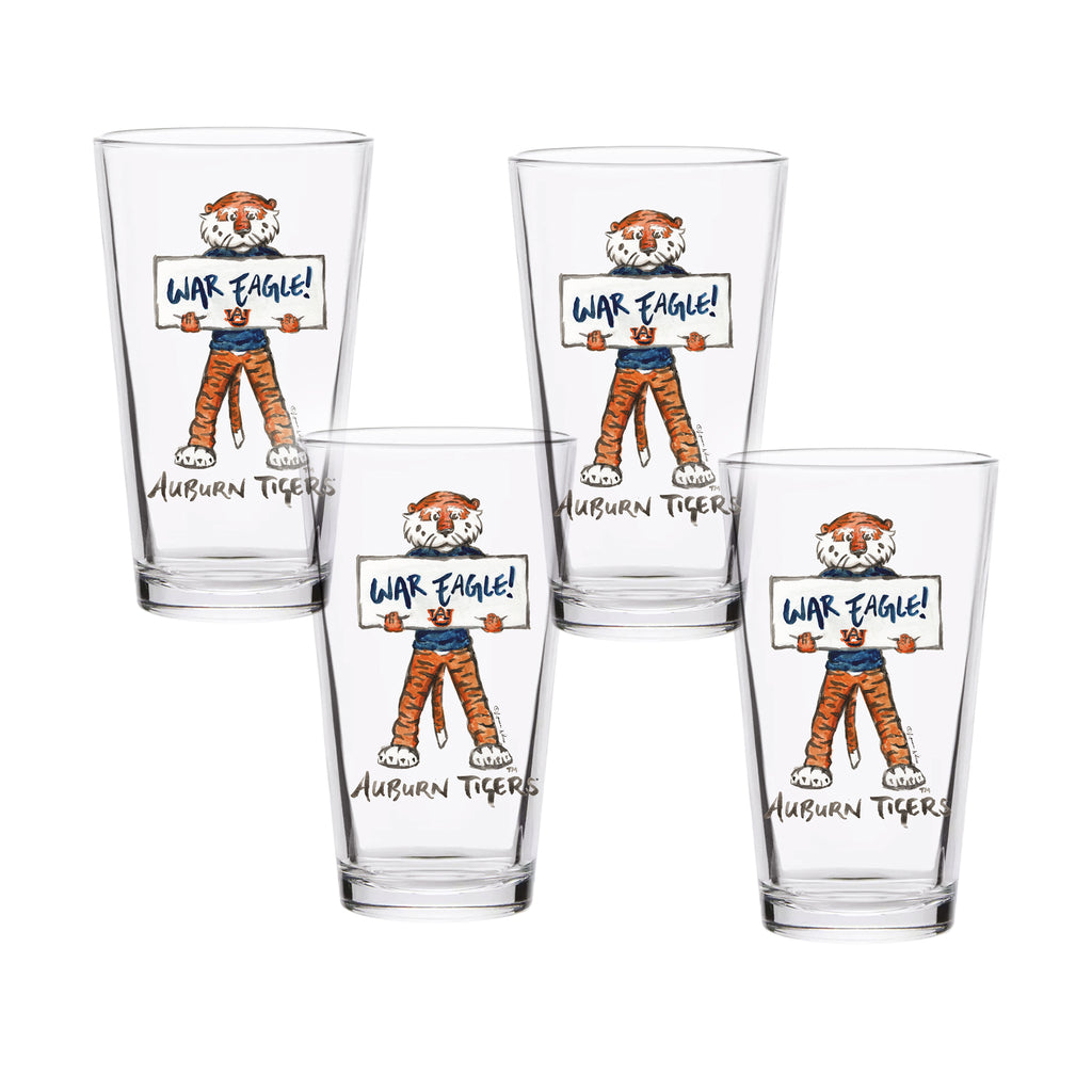 Set of 4 Auburn Tigers Mascot by Laura Wilcox 16oz Pint Glasses