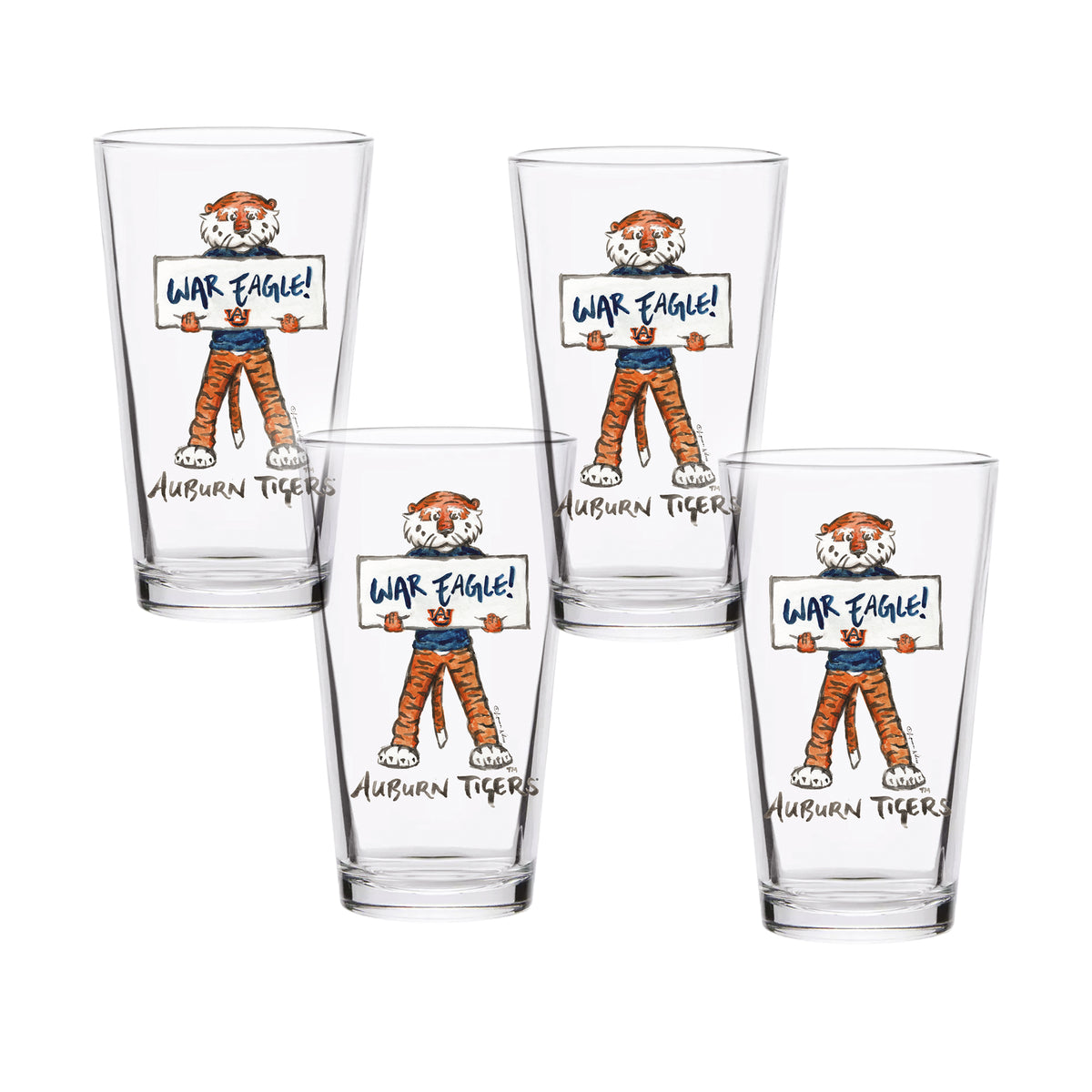 Set of 4 Auburn Tigers Mascot by Laura Wilcox 16oz Pint Glasses