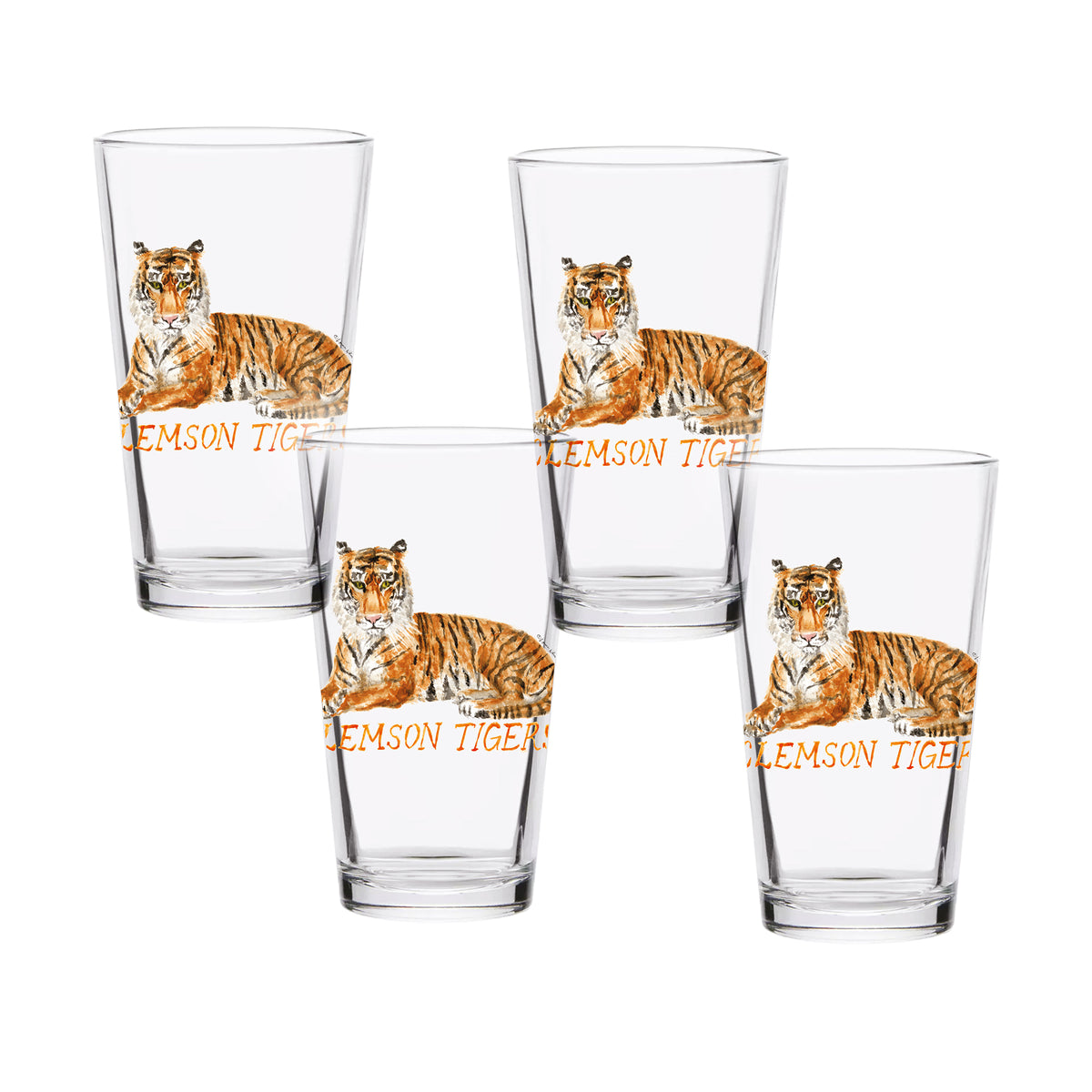 Set of 4 Clemson Tigers Mascot by Laura Wilcox 16oz Pint Glasses