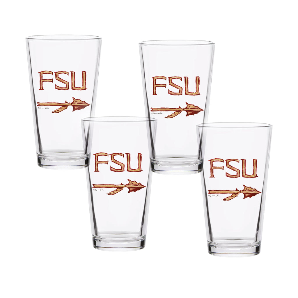 Set of 4 Florida State Seminoles Mascot by Laura Wilcox 16oz Pint Glasses