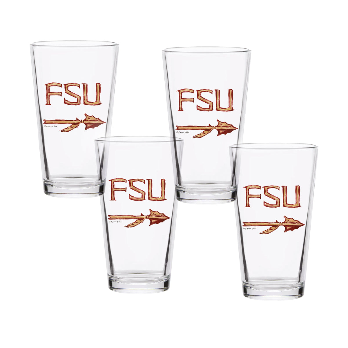 Set of 4 Florida State Seminoles Mascot by Laura Wilcox 16oz Pint Glasses
