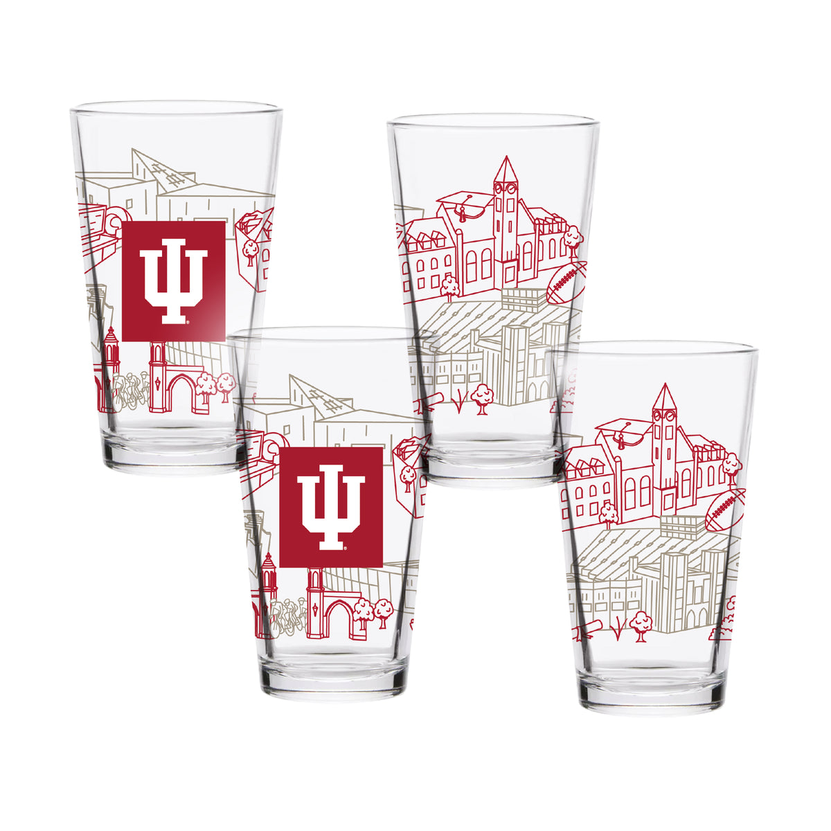 Set of 4 Indiana Hoosiers Campus Line Art 16oz Pints
