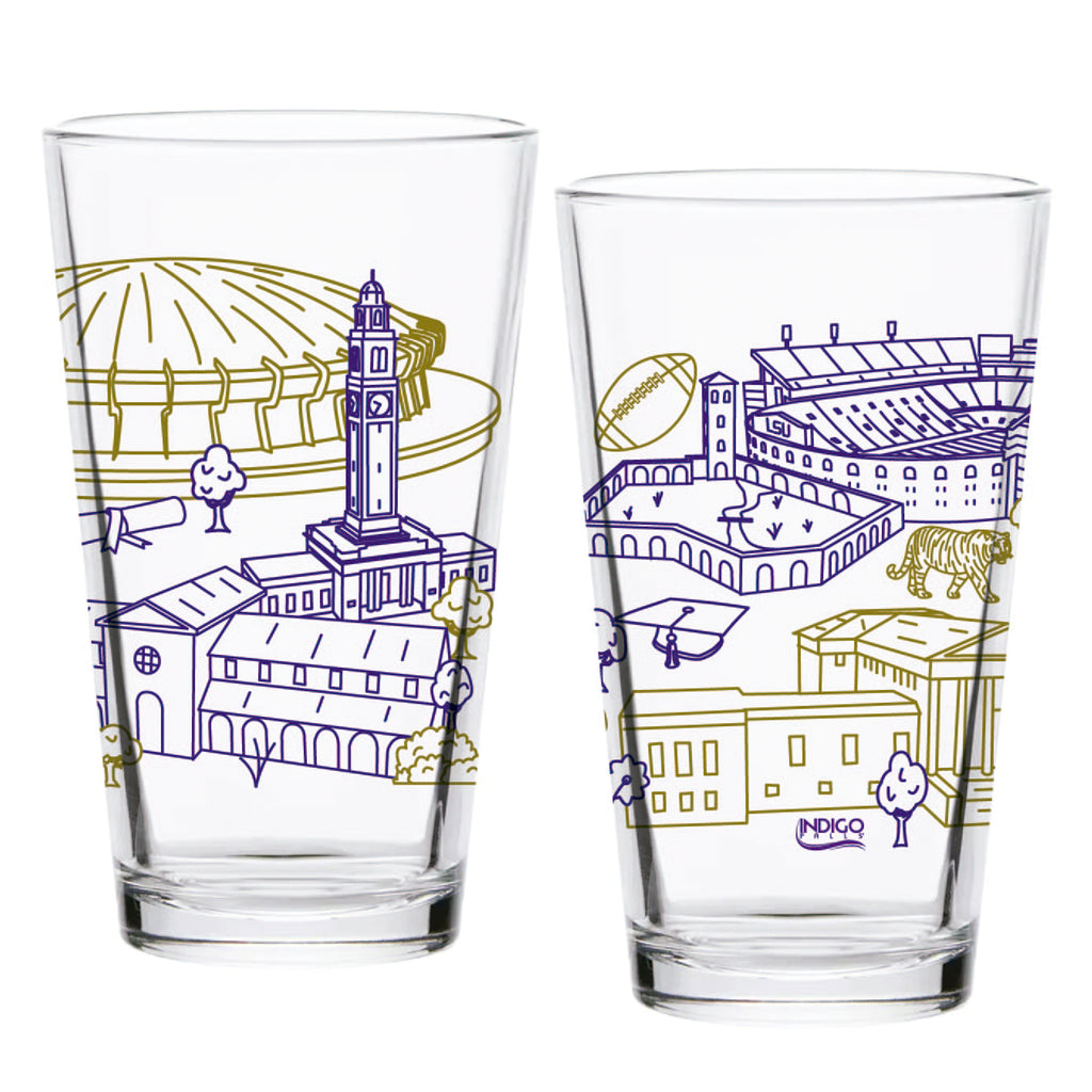 Set of 2 LSU Tigers Campus Line Art 16oz Pints