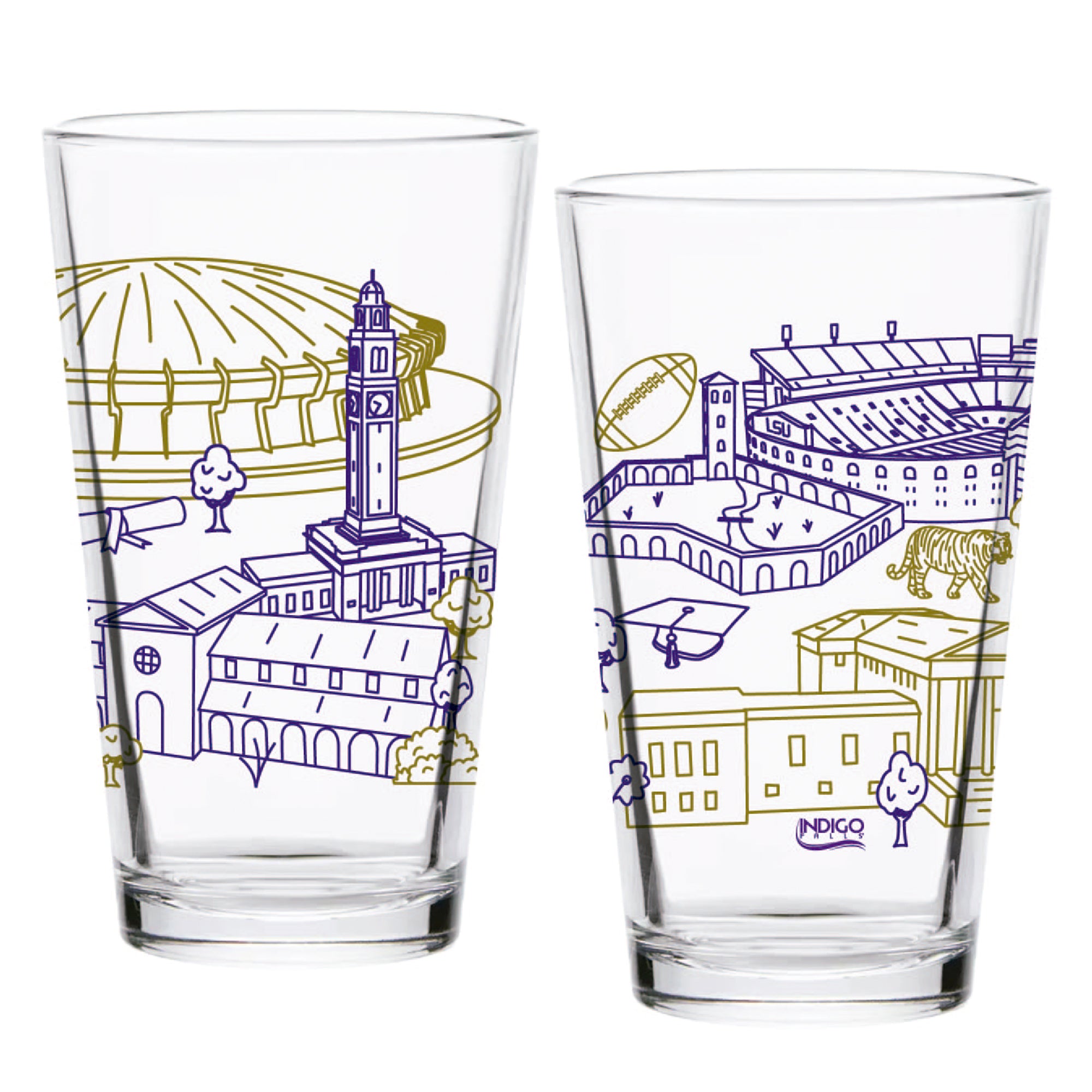 Set of 2 LSU Tigers Campus Line Art 16oz Pints