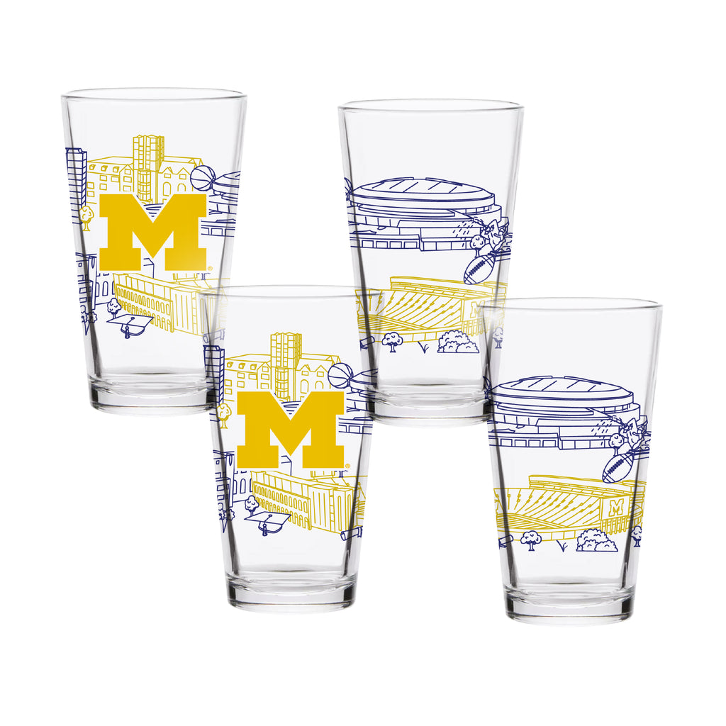 Set of 4 Michigan Wolverines Campus Line Art 16oz Pints