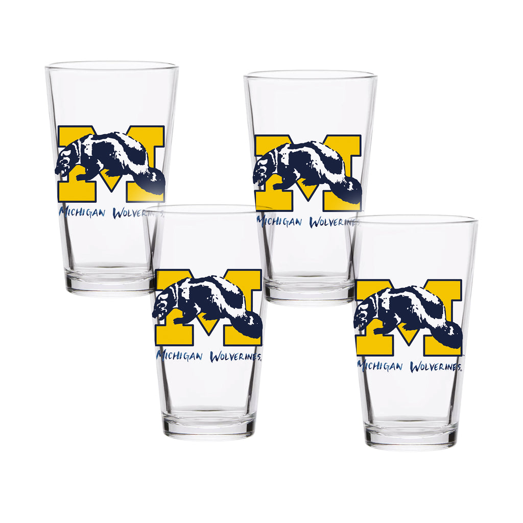 Set of 4 Michigan Wolverines Mascot by Laura Wilcox 16oz Pint Glasses