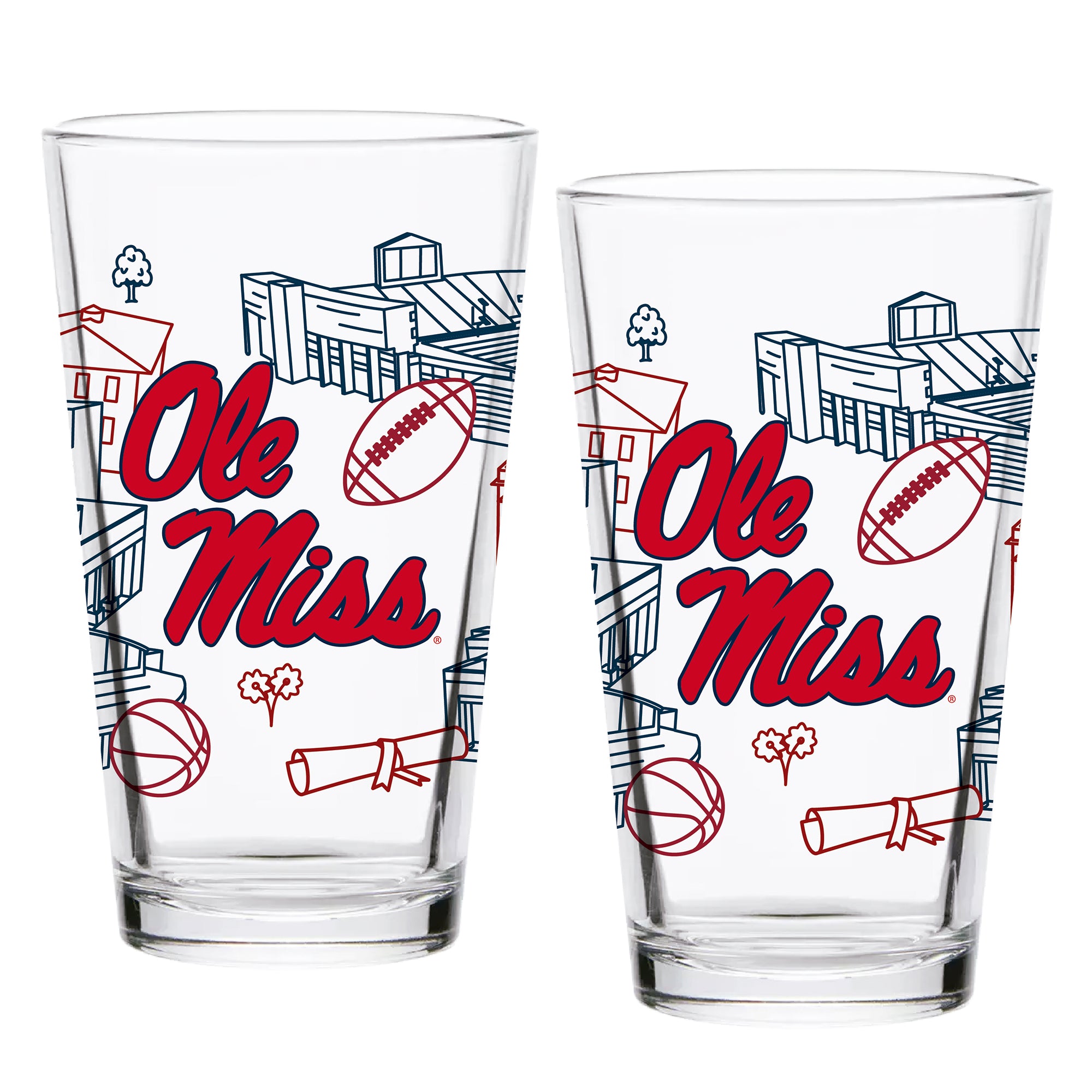 Set of 2 Ole Miss Rebels Campus Line Art 16oz Pints