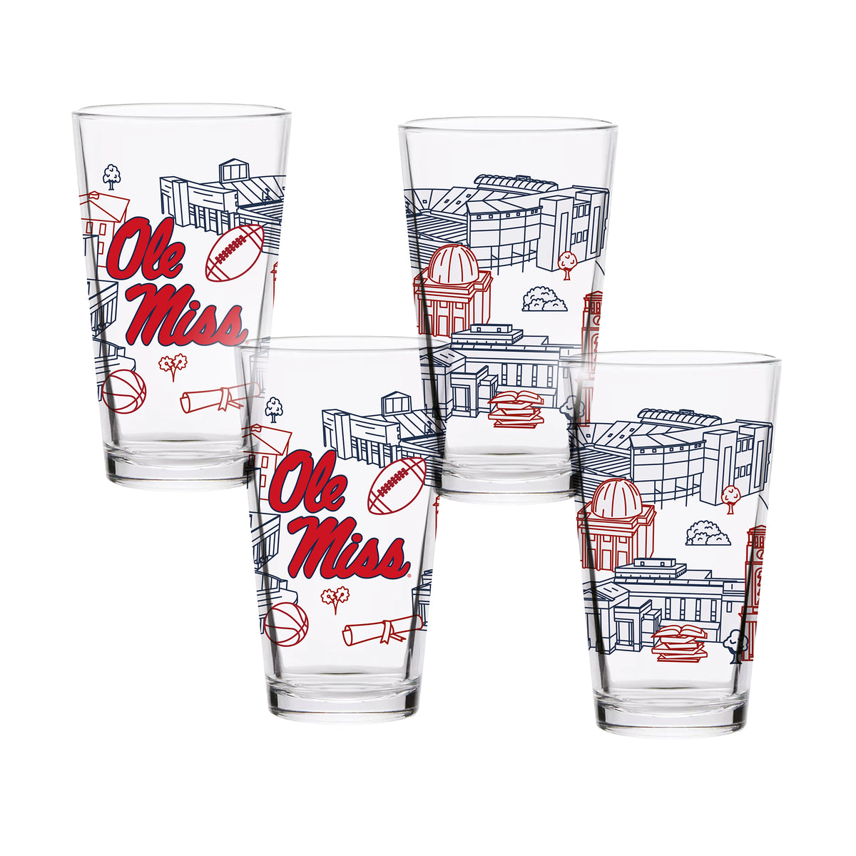 Set of 4 Ole Miss Rebels Campus Line Art 16oz Pints