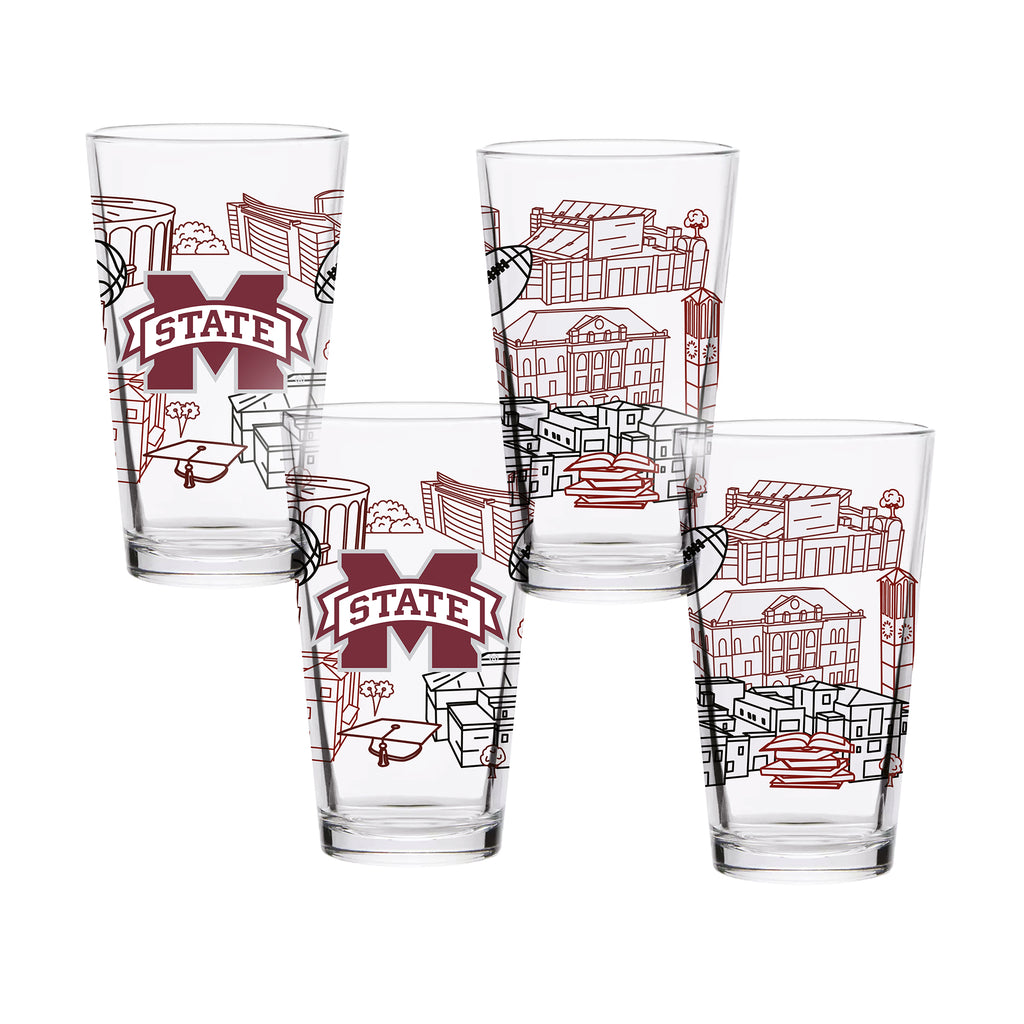 Set of 4 Mississippi State Bulldogs Campus Line Art 16oz Pints