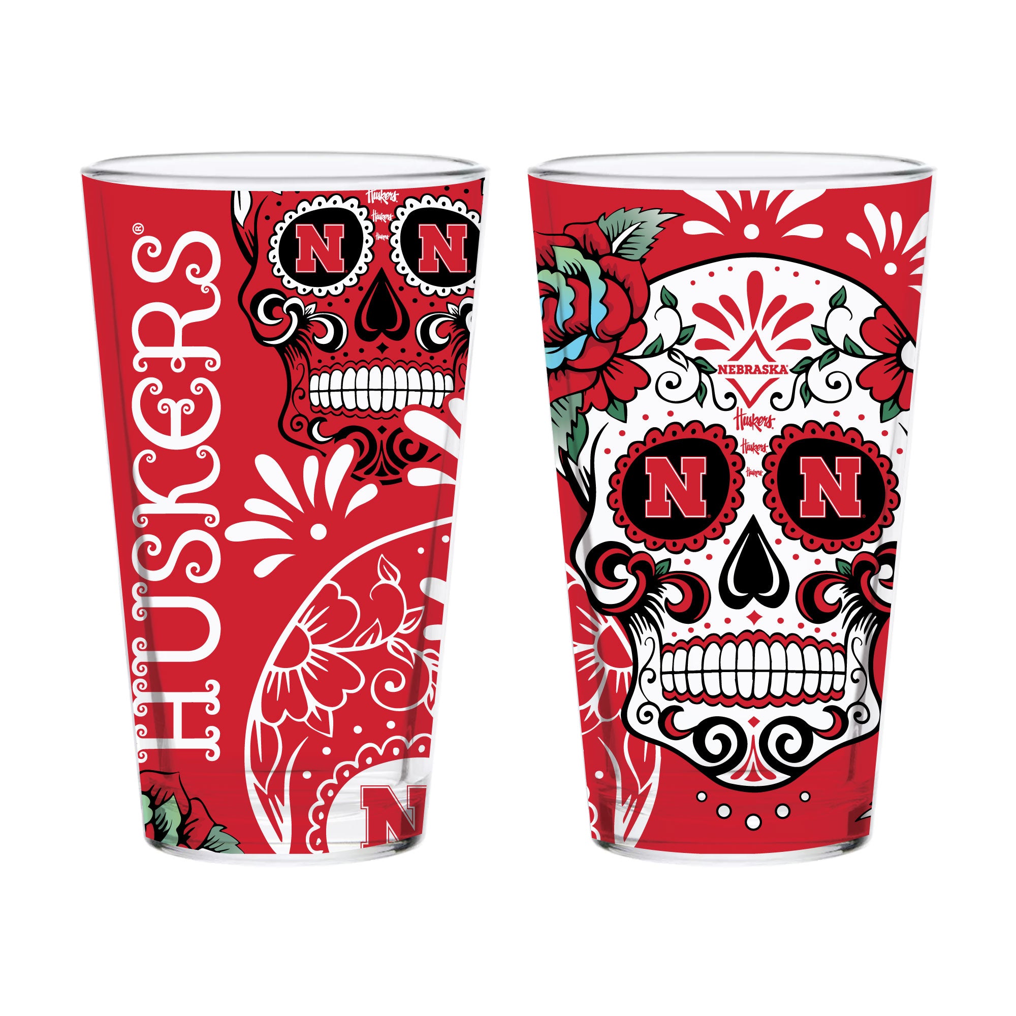Set of 2 Nebraska Dia de los Muertos Pint Glasses