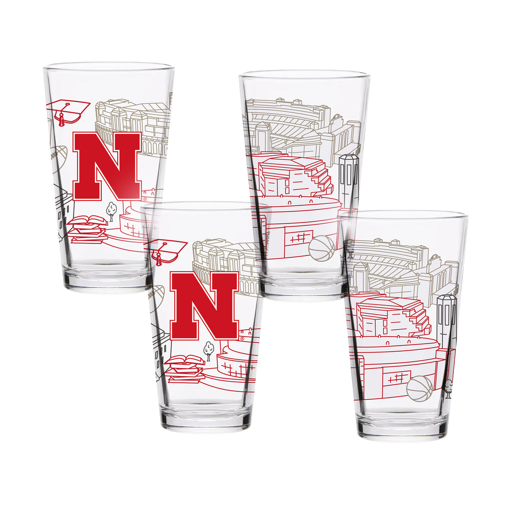 Set of 4 Nebraska Cornhuskers Campus Line Art 16oz Pints