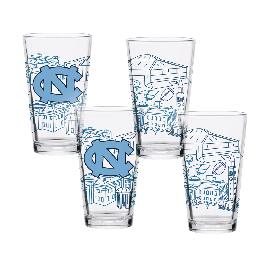 Set of 4 North Carolina Tar Heels Campus Line Art 16oz Pints