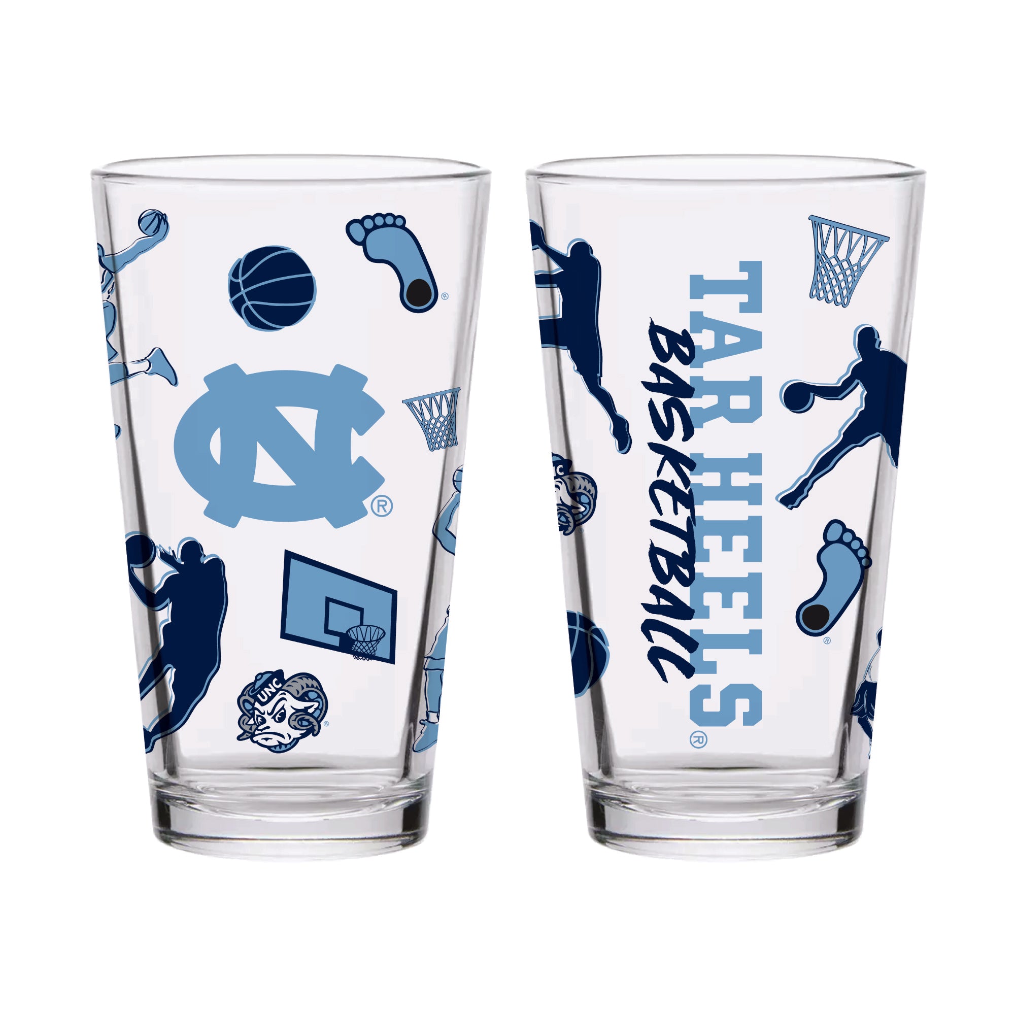 Set of 2 North Carolina Tar Heels Basketball Sketch 16oz Pints