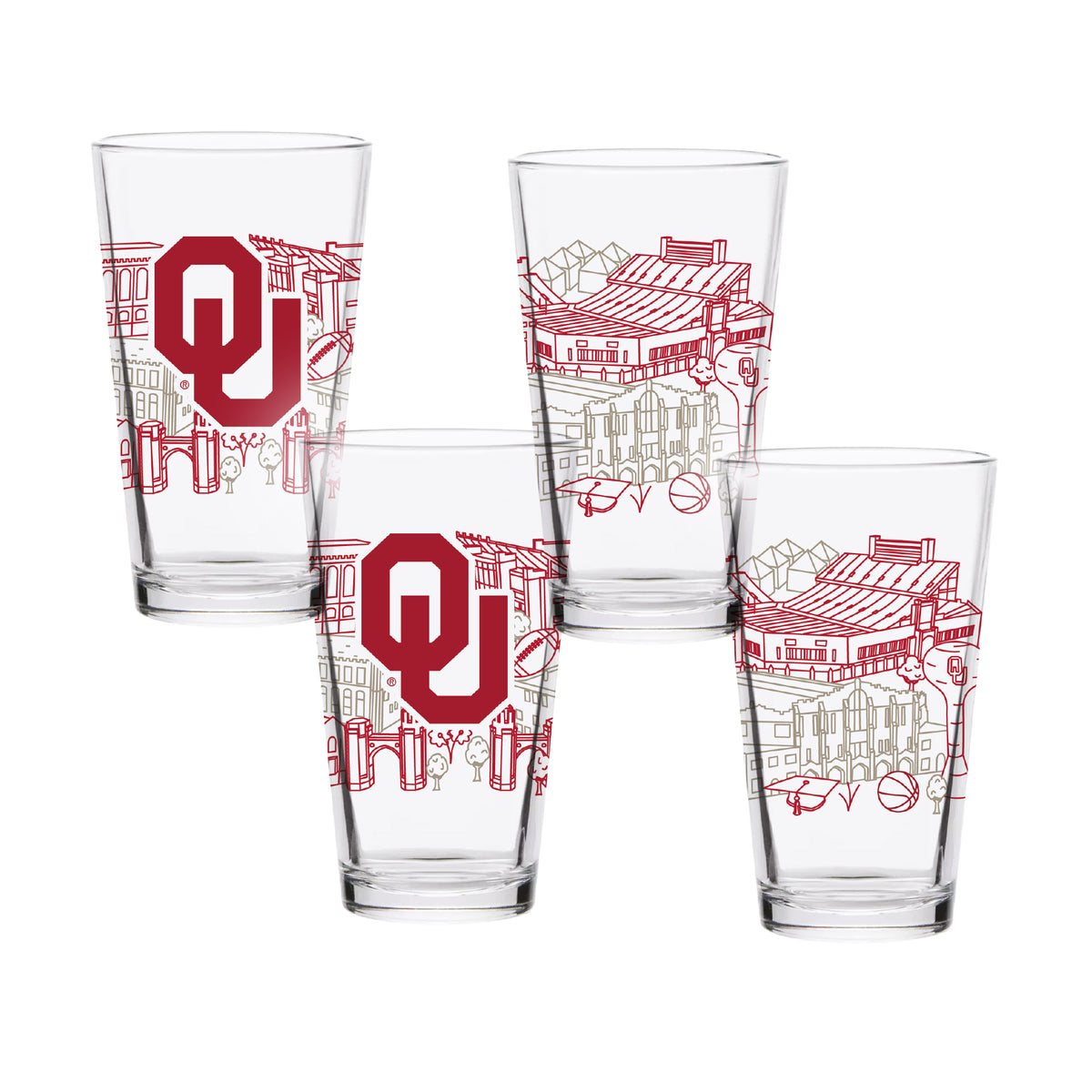 Set of 4 Oklahoma Sooners Campus Line Art 16oz Pints