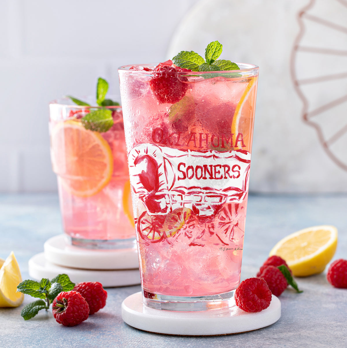 Set of 4 Oklahoma Sooners Mascot by Laura Wilcox 16oz Pint Glasses
