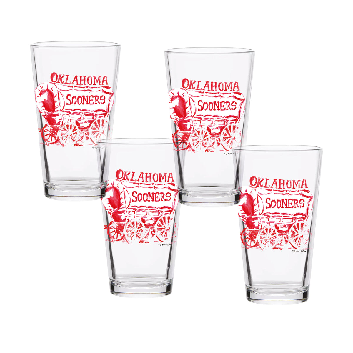 Set of 4 Oklahoma Sooners Mascot by Laura Wilcox 16oz Pint Glasses