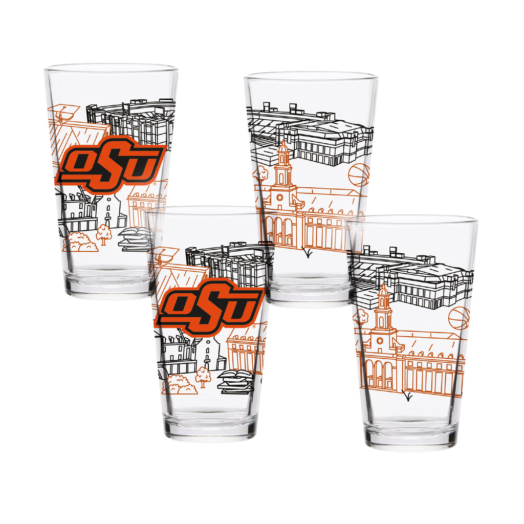 Set of 4 Oklahoma State Cowboys Campus Line Art 16oz Pints