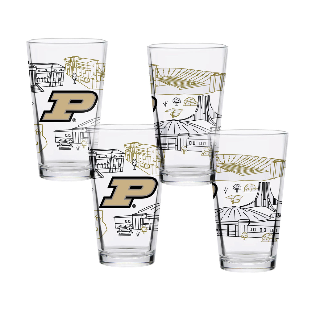 Set of 4 Purdue Boilermakers Campus Line Art 16oz Pints