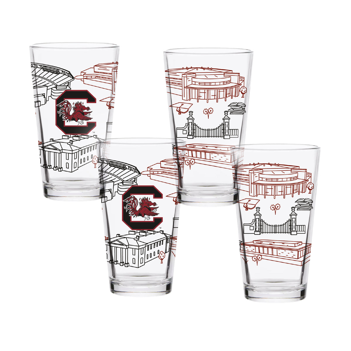 Set of 4 South Carolina Gamecocks Campus Line Art 16oz Pints
